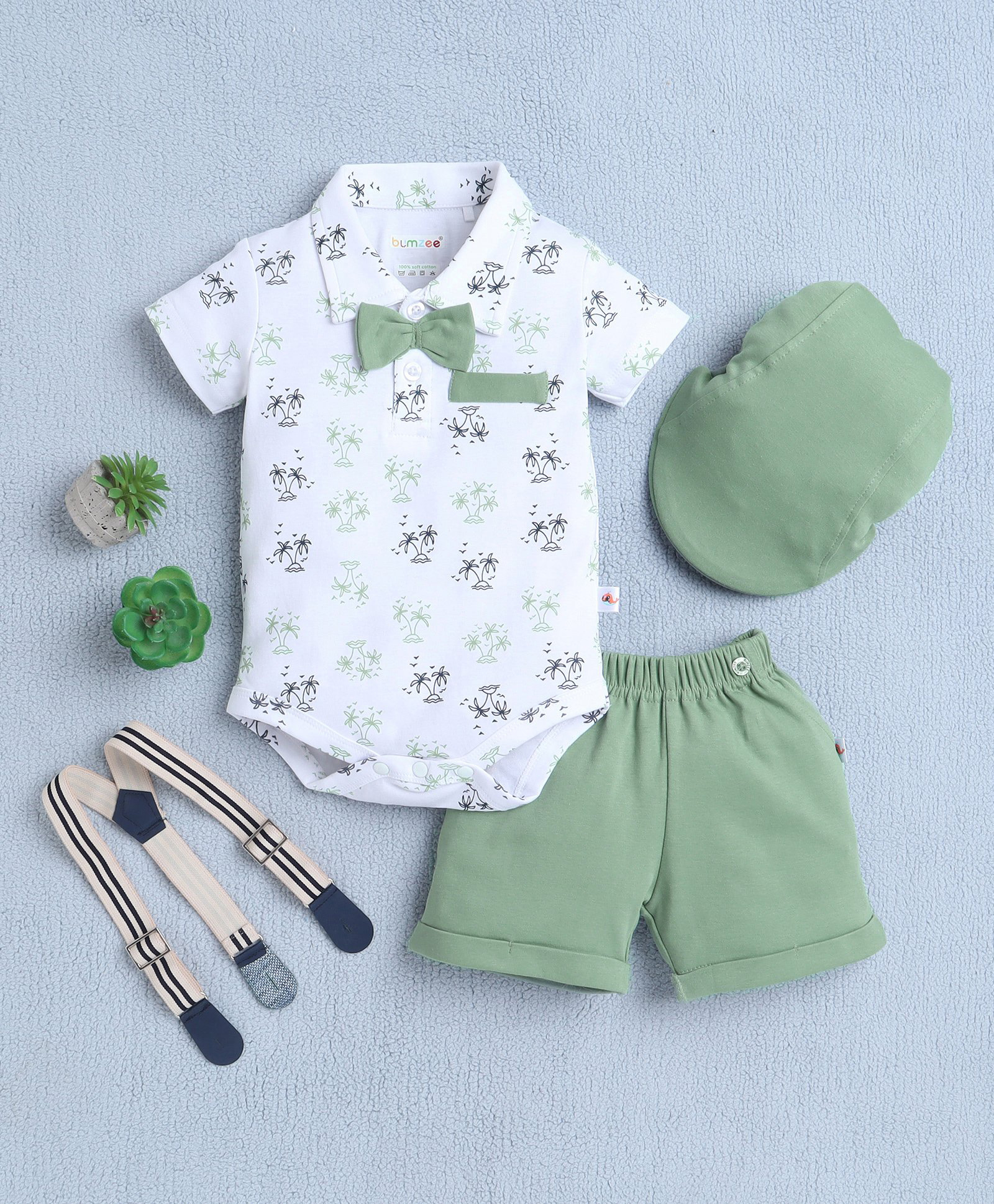 BUMZEE Cotton Knit Half Sleeves Palm Tree Printed Onesie & Short Set with Suspender Bow & Hat - White & Green-image-26