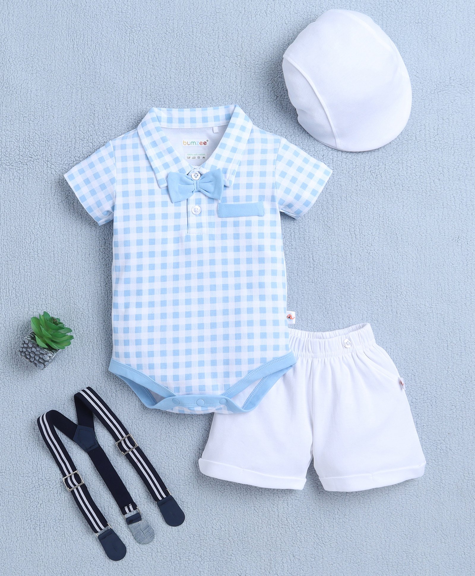 BUMZEE Cotton Kit Half Sleeves Checkered Onesie & Shorts Set with Bow Suspended & Hat - Light Blue & White-image-32