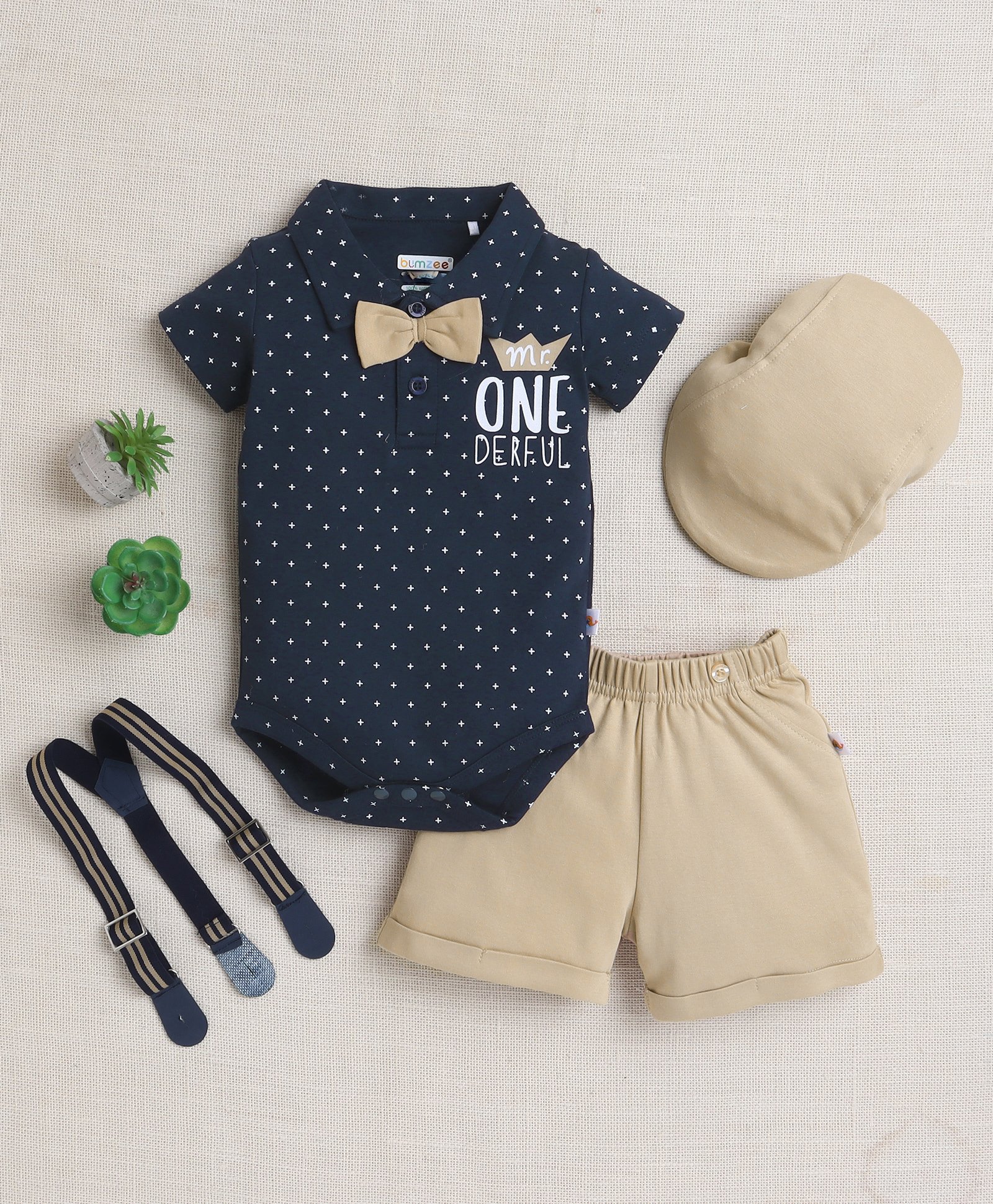 BUMZEE Cotton Knit Half Sleeves Star Print Bodysuit & Short Set With Suspender Bow & Cap - Navy & Beige-image-42