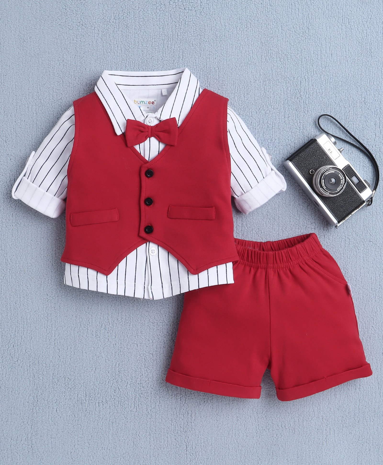 BUMZEE Cotton Knit Full Sleeves Solid Color 3 Pieces Party Suit - Red-picture-35