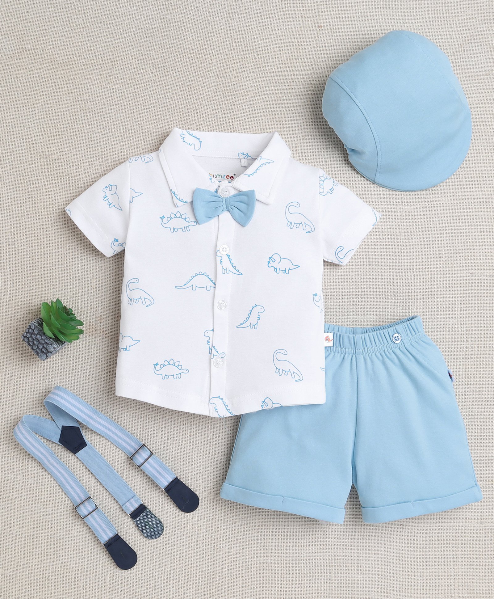 BUMZEE Cotton Knit Half Sleeves Dinosaur Print Shirt & Short Set With Suspender Bow & Cap - White & Sky Blue-picture-15