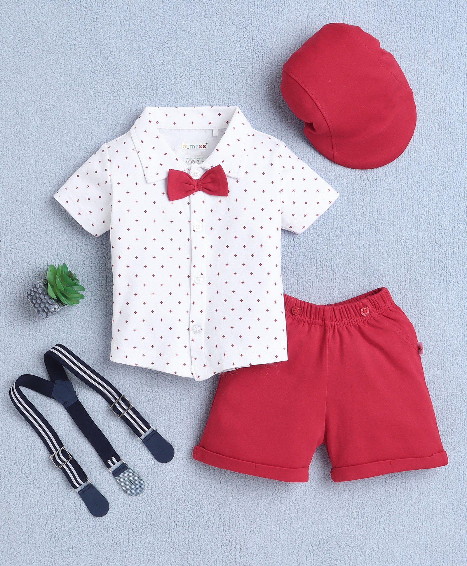 BUMZEE Cotton Knit Half Sleeves Stars Printed Shirt & Short Set with Suspender Bow & Hat - White & Red-image-40