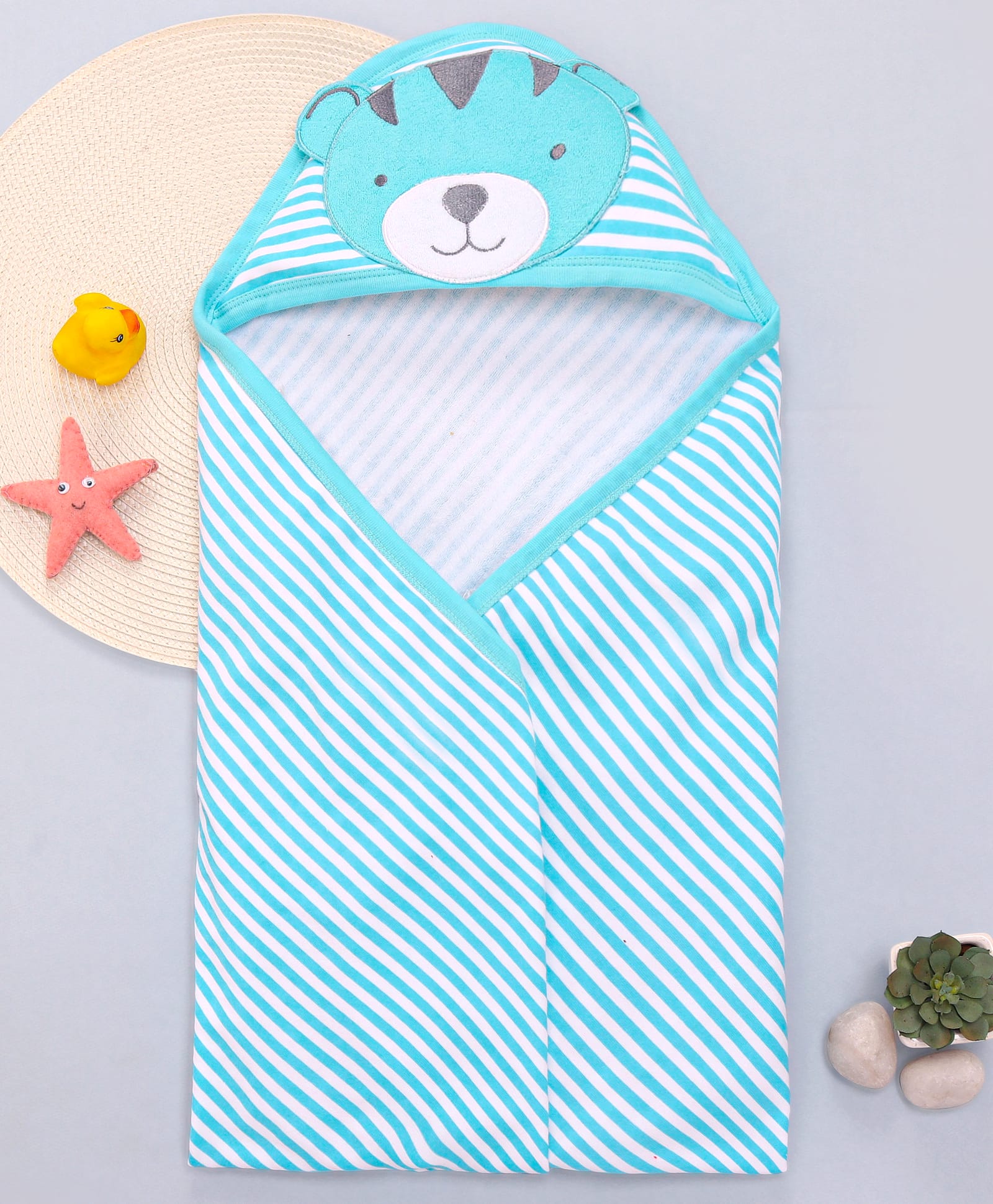 Babyhug Terry Knit Striped Hooded Towel with Bear Patch L 76.2 x B 76.2 cm - Aqua Blue-picture-24