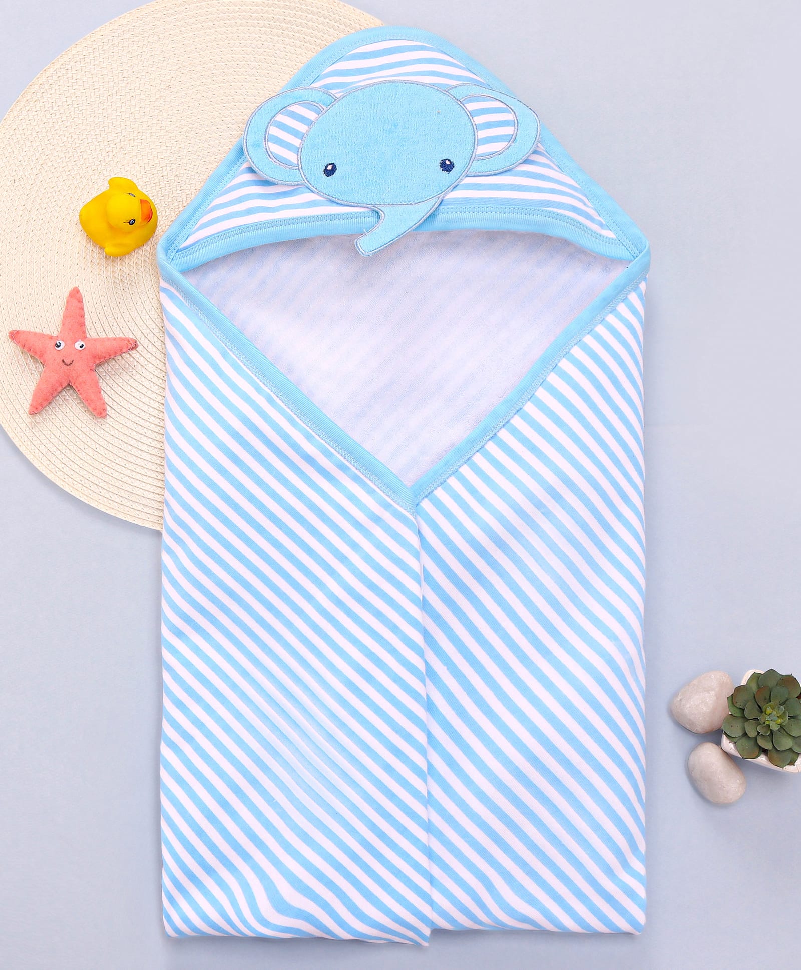 Babyhug Cotton Knit Hooded Wrapper with Stripes & Elephant Print L 80 x B 80 cm - Light Blue-image-28