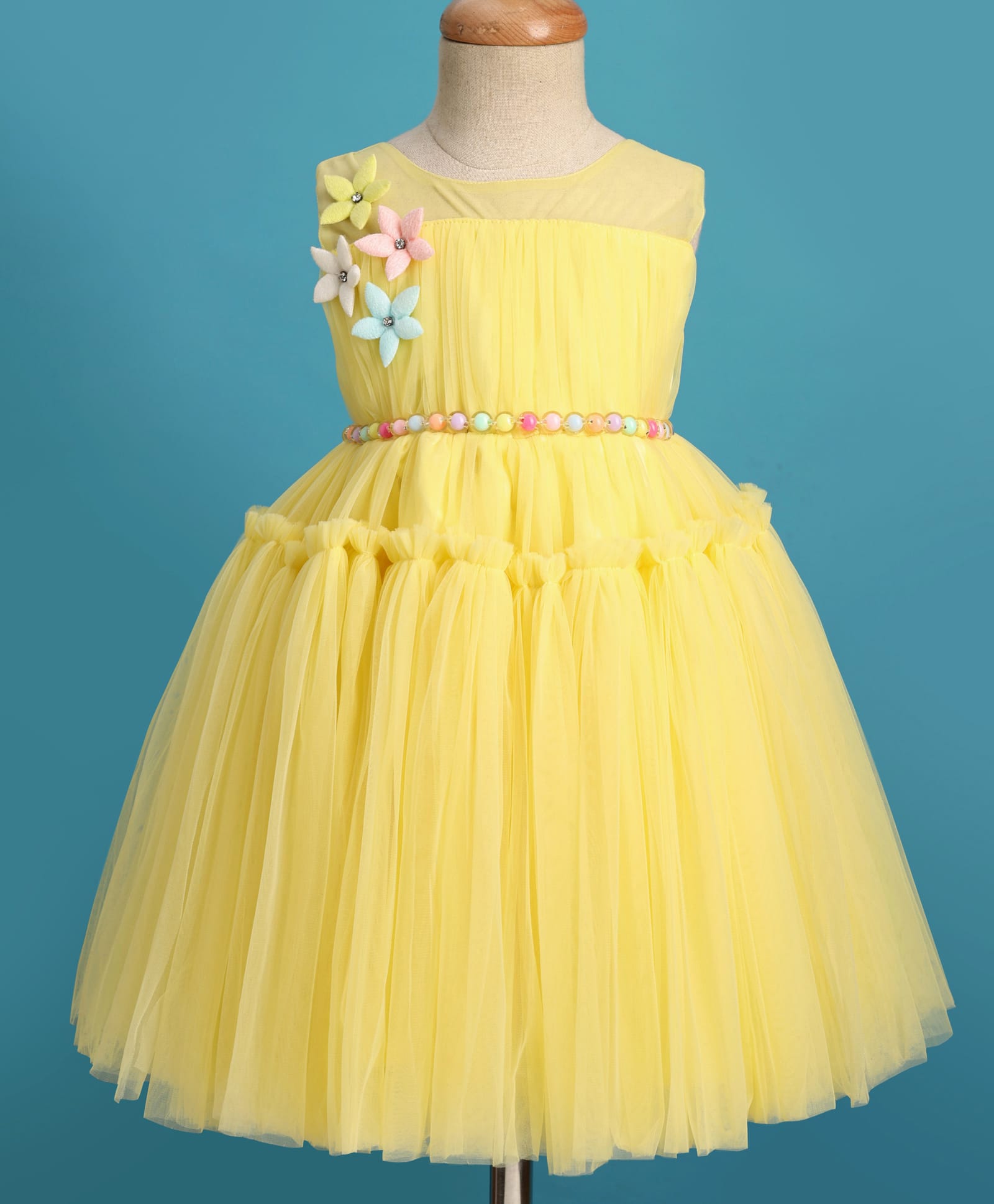 Blue Bell Net Woven Sleeveless Dress with Floral & Beads Applique - Lemon Yellow-image-8