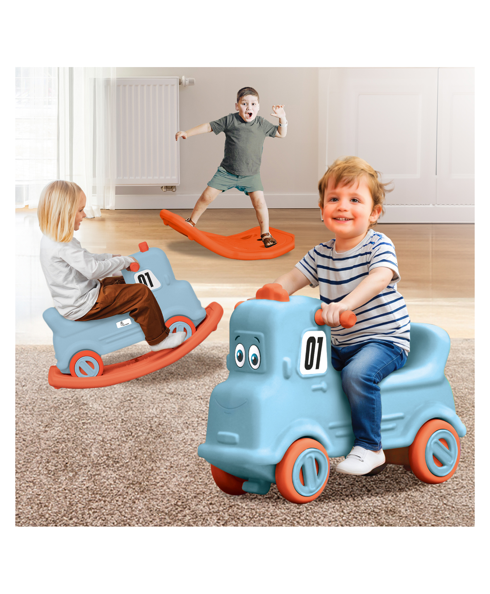 R for Rabbit Rock N Ride 3 in 1 Baby Push Ride-On Car with Rocker & Balancing Board | Non-Toxic Durable and Safe Rocking Horse Rider - Orange & Light Blue-image-11