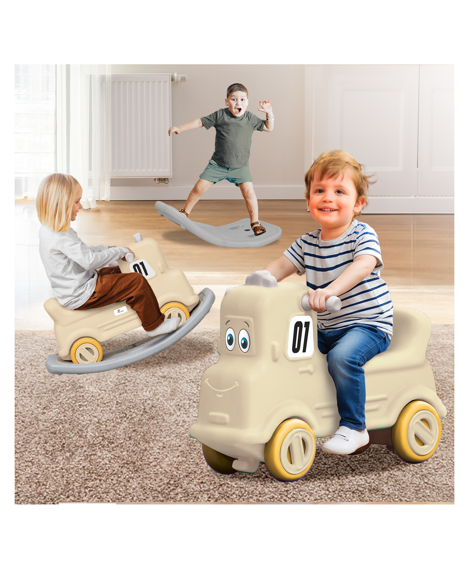R for Rabbit Rock N Ride 3 in 1 Baby Push Ride-On Car with Rocker & Balancing Board | Non-Toxic Durable and Safe Rocking Horse Rider - Beige & Grey