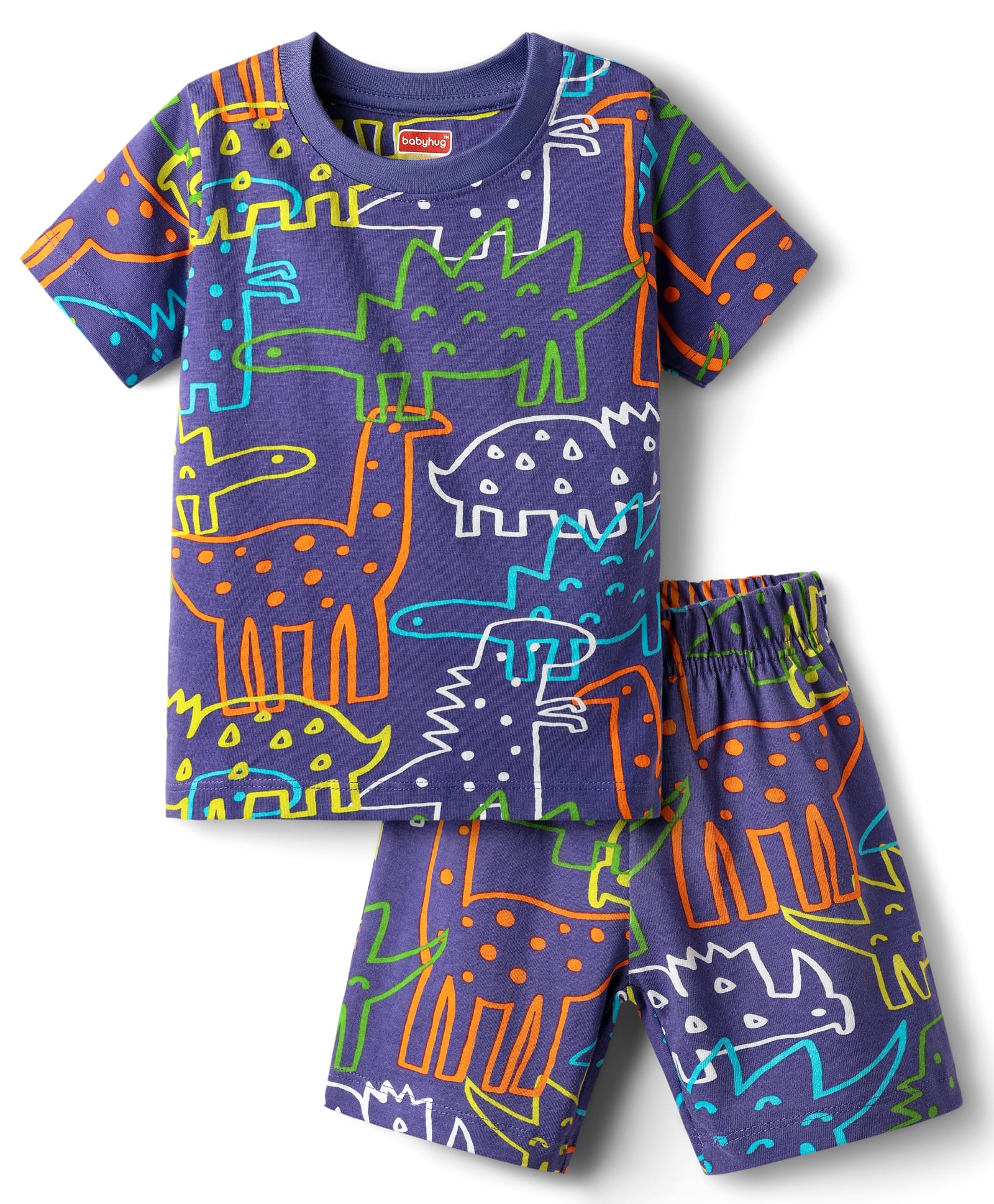Babyhug Cotton Knit Half Sleeves Shorts Co-ord Night Suit With Dino Print - Purple-image-35