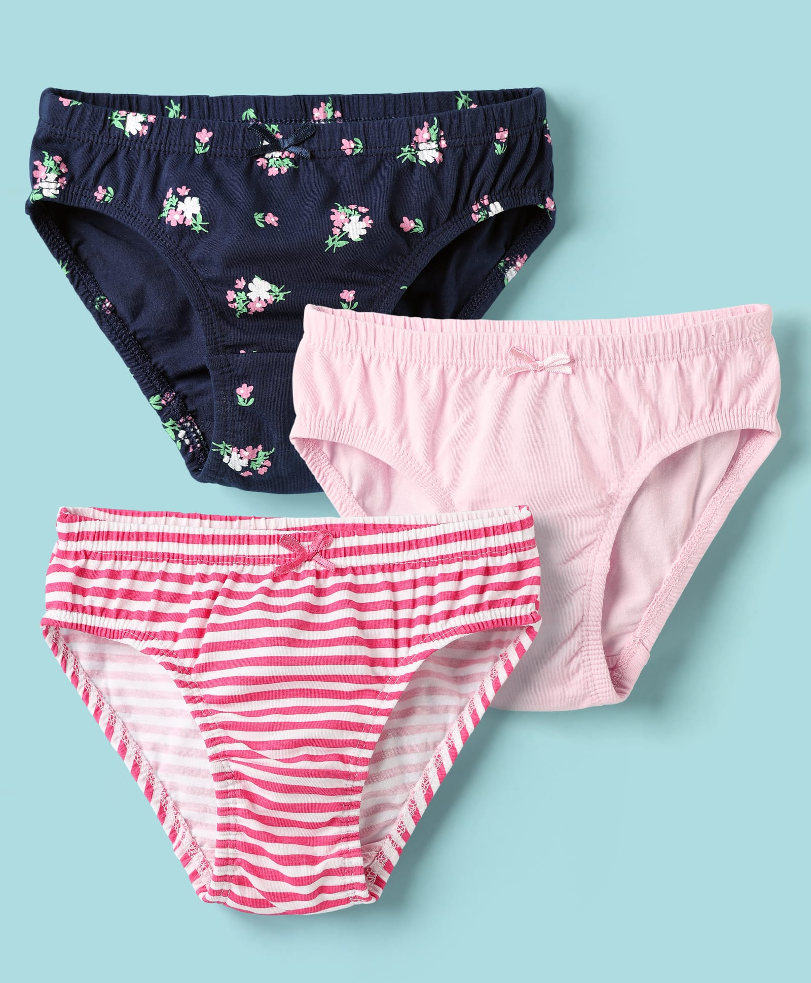Honeyhap 100% Premium Cotton Elastane Knit Panties With Stripes & Floral Print Pack Of 3 - Bright White Fandango Pink & Navy Peony-picture-17