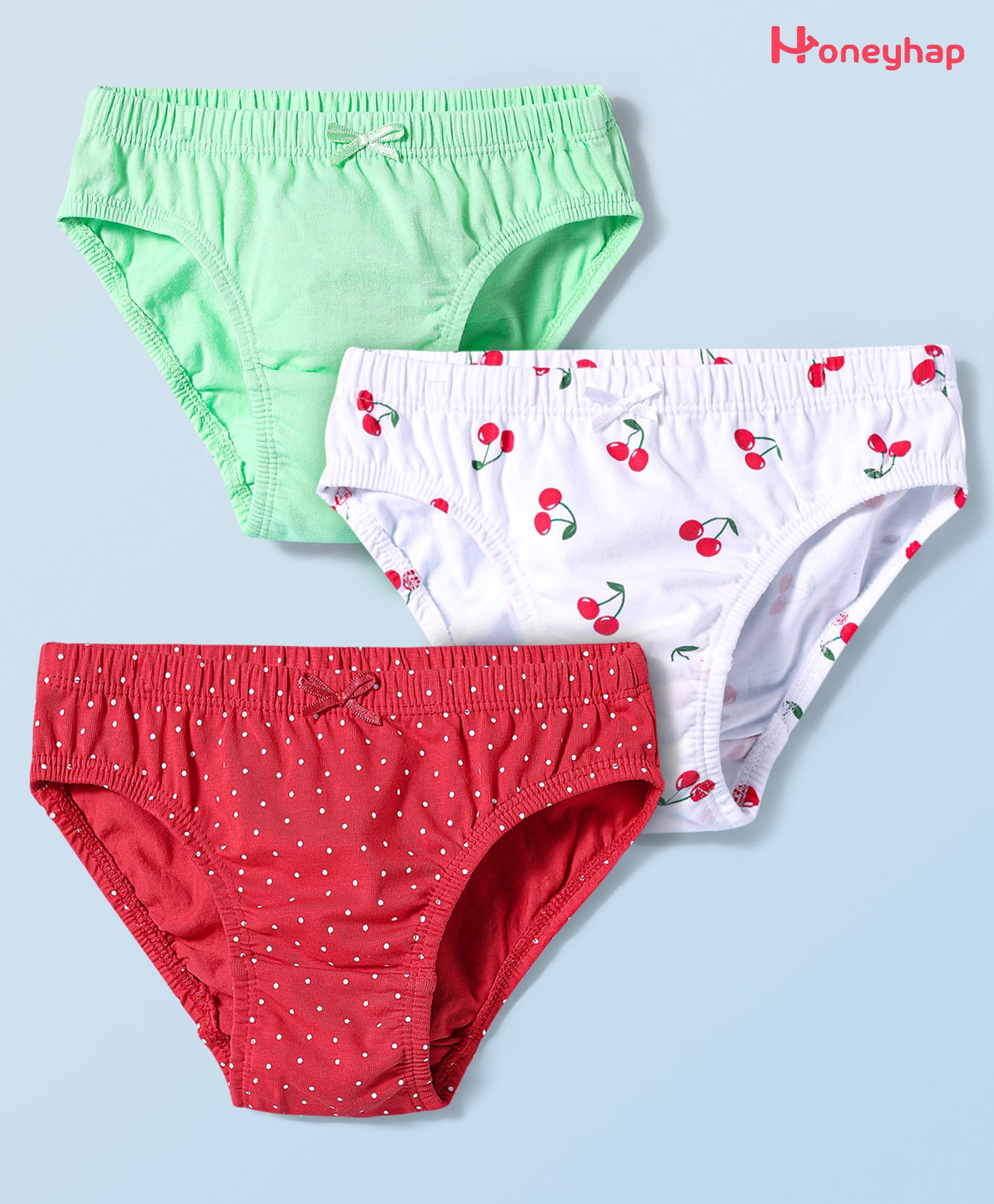 Honeyhap Premium Cotton Elastane Knit Panties With Cherry & Polka Dots Print Pack Of 3 - Green Bright White & High Risk Red-image-5