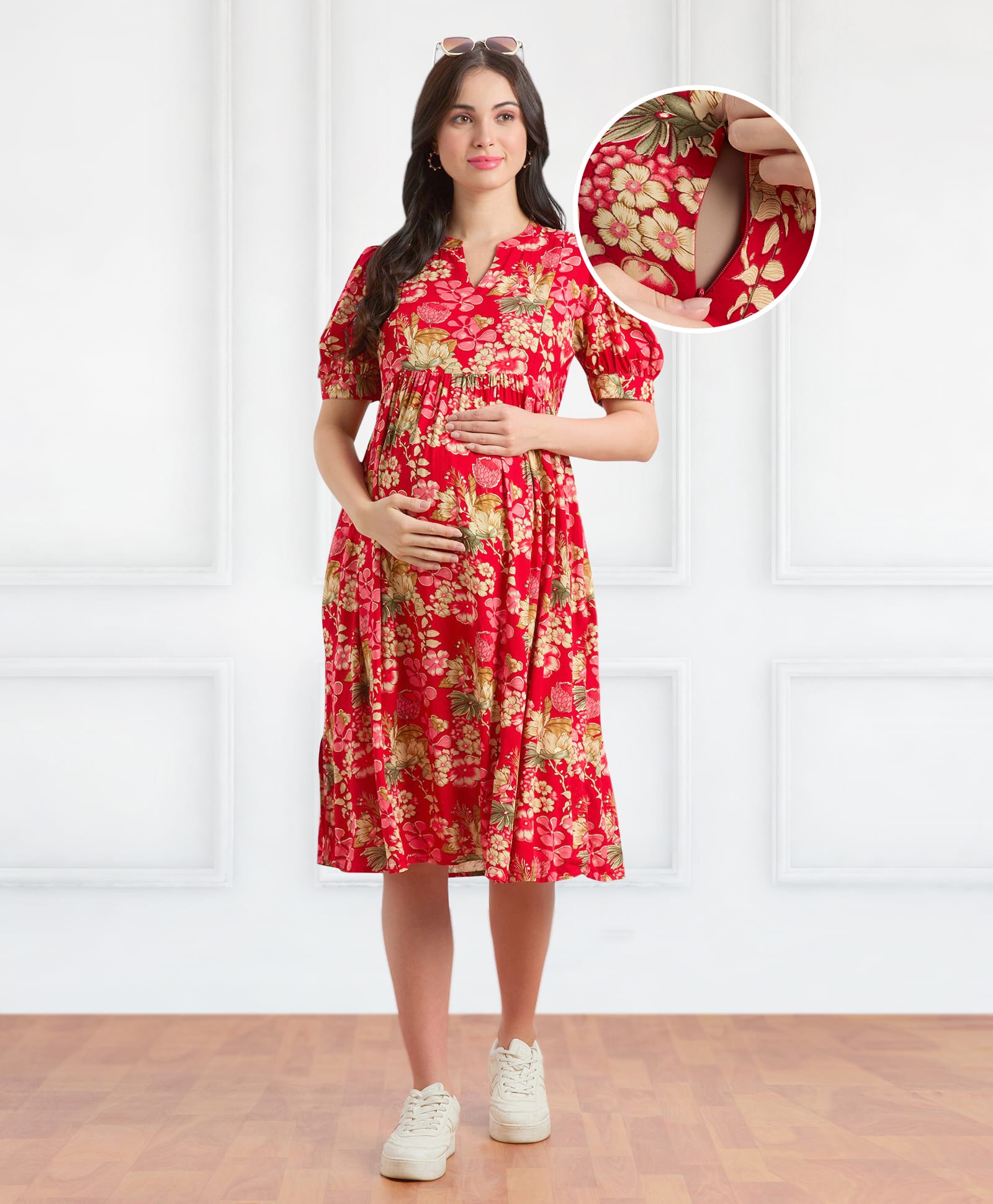 Bella Mama Woven Half Balloon Sleeves Maternity Dress with Floral Print - Red