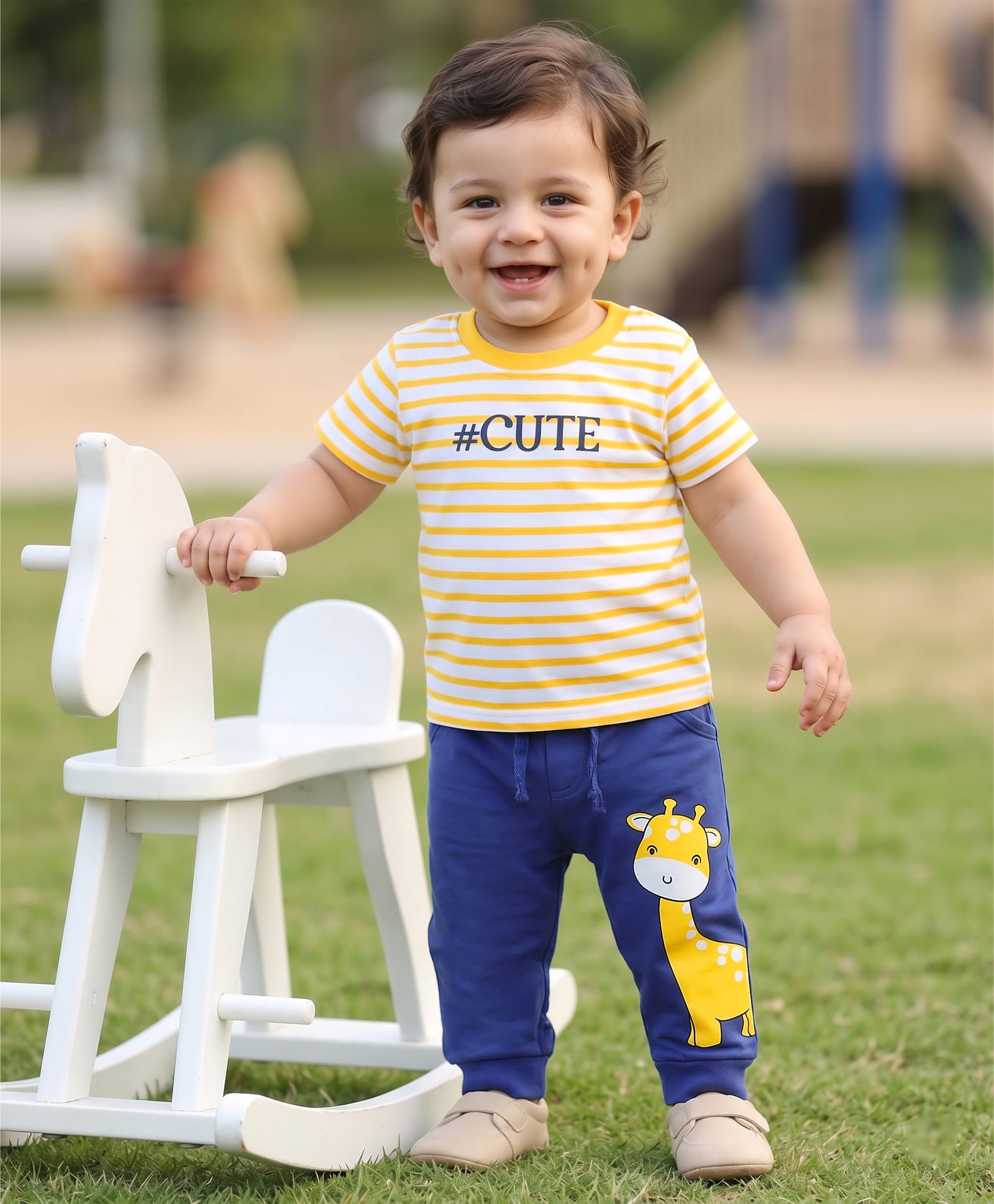 Doodle Poodle 100% Cotton Knit Half Sleeves Striped T-Shirt & Lounge Pant Set With Giraffe Print - Yellow & Navy Blue-image-45