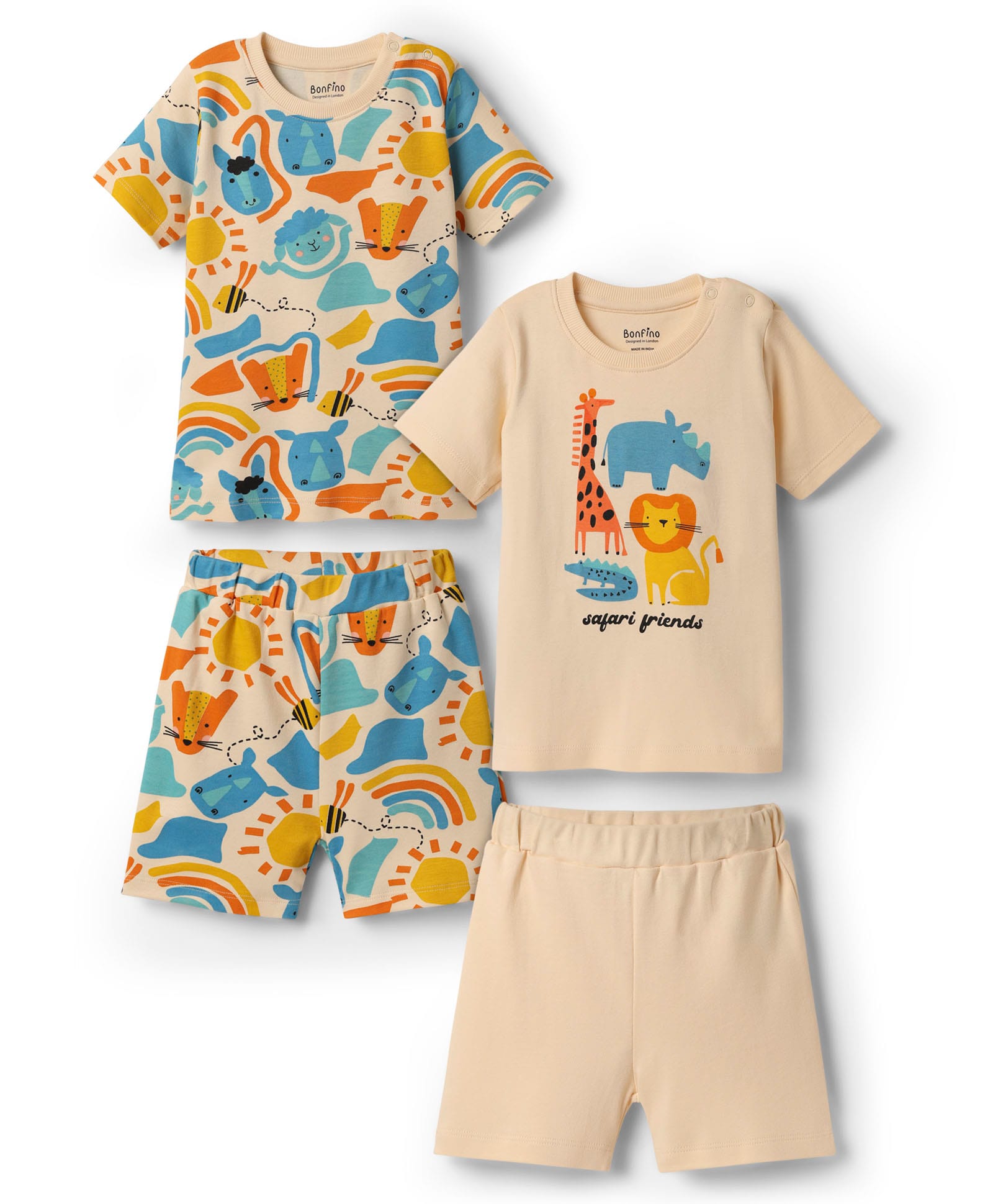 Bonfino 100% Cotton Knit Half Sleeves Shorts Night Suits with Safari Theme Print Pack of 2 - Offwhite-picture-0