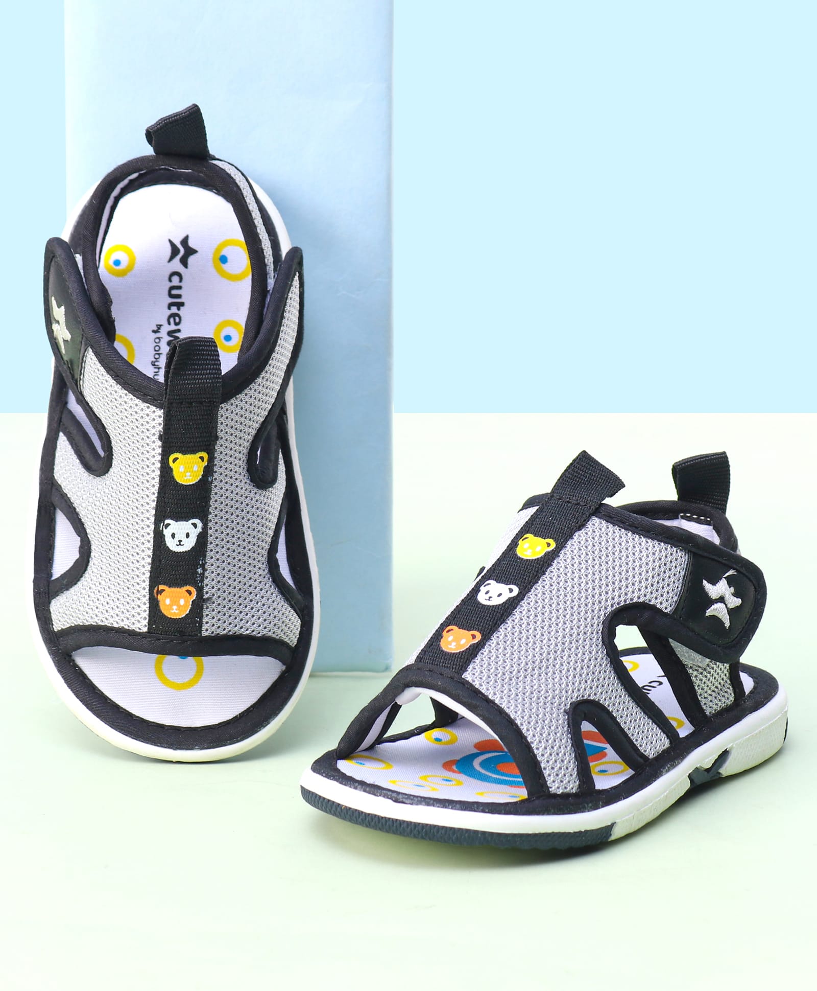 cute walk by babyhug animal printed sandals with velcro closure - black