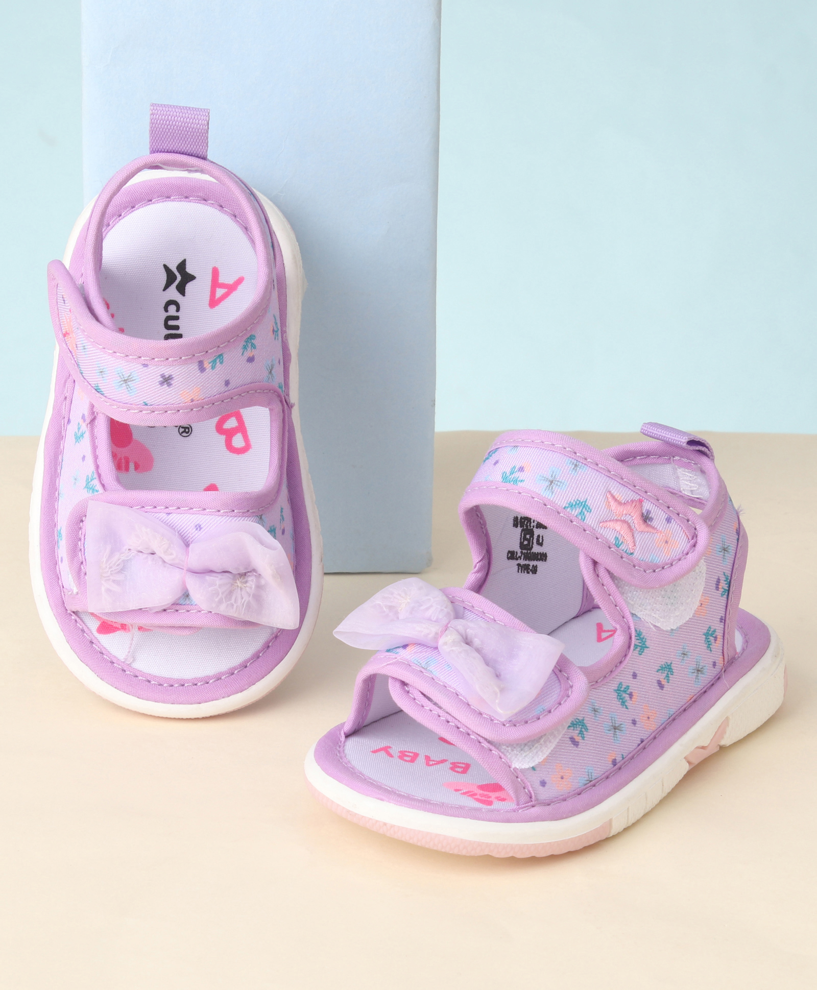 Cute Walk by Babyhug Sandals with Velcro Closure Floral Print & Bow Applique - Purple-image-49
