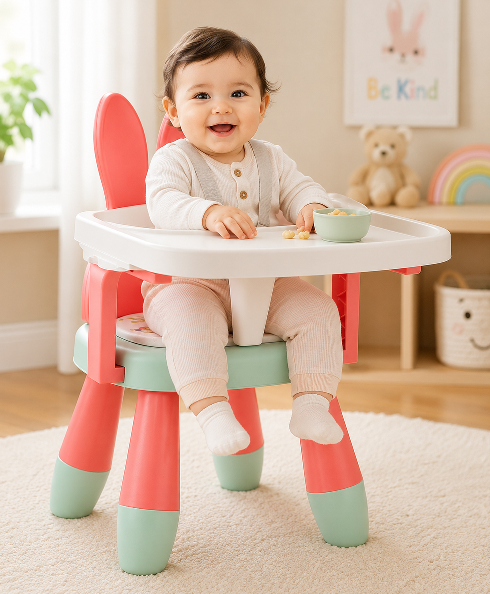 Baby Chair with Detachable Food Tray & Safety Support - Pink & Green| Multi-Purpose Feeding and Activity Chair for Babies & Toddlers-image-3
