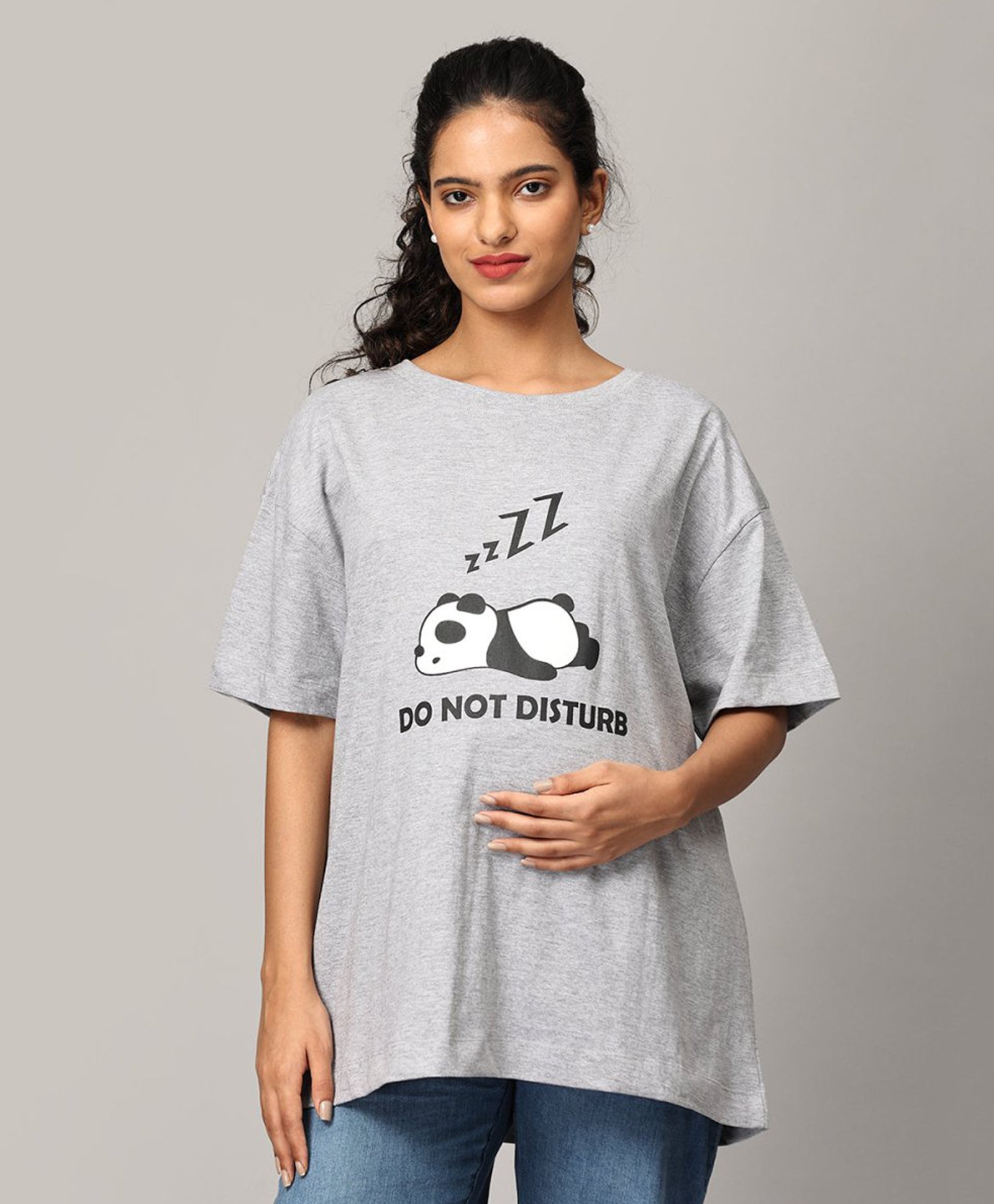 The Mom Store Half Sleeves Do Not Disturb Text Printed Oversized Maternity Tee - Grey-image-45