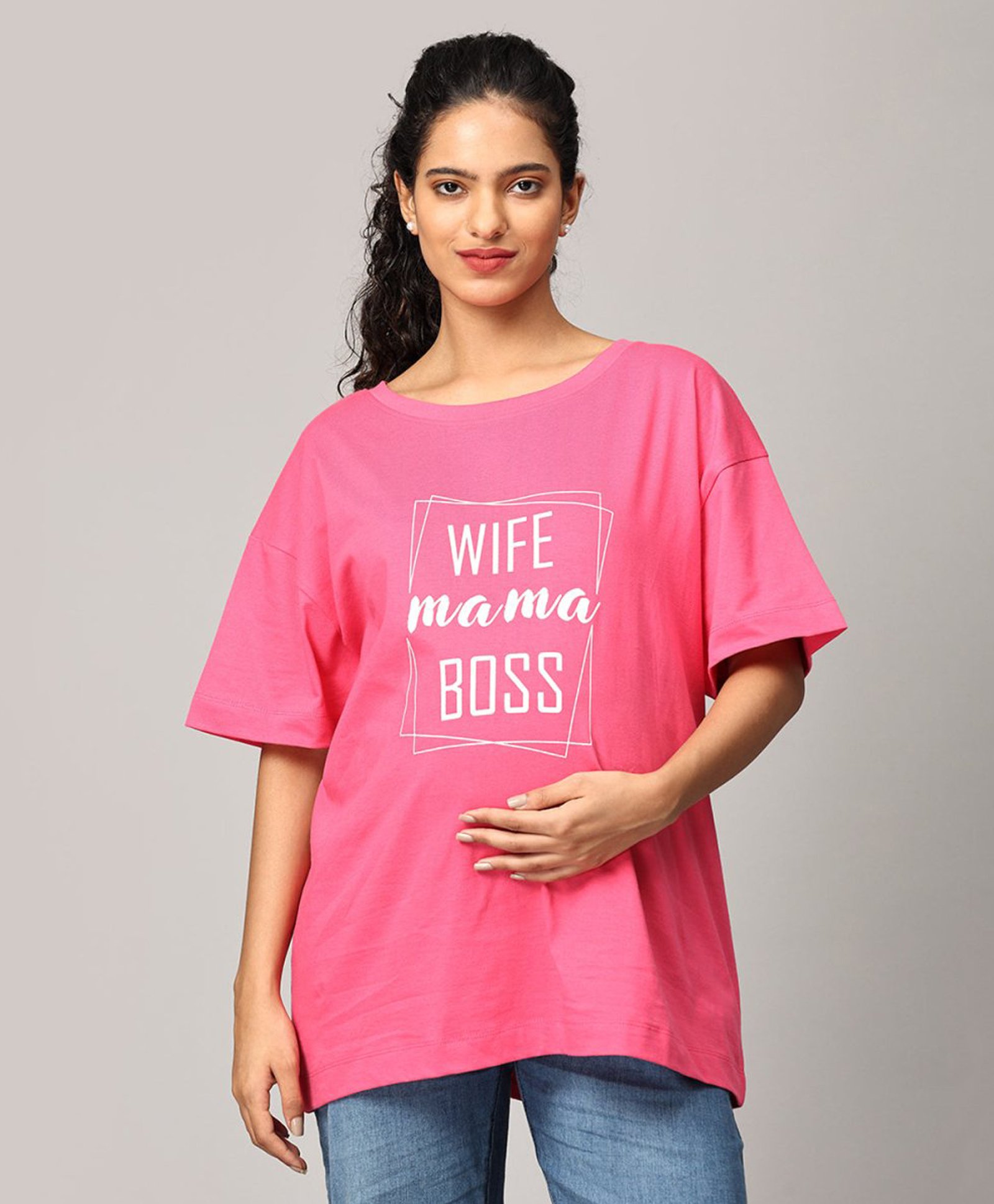 The Mom Store Half Sleeves Wife Mama Boss Text Printed Oversized Maternity Tee - Fuschia-picture-12