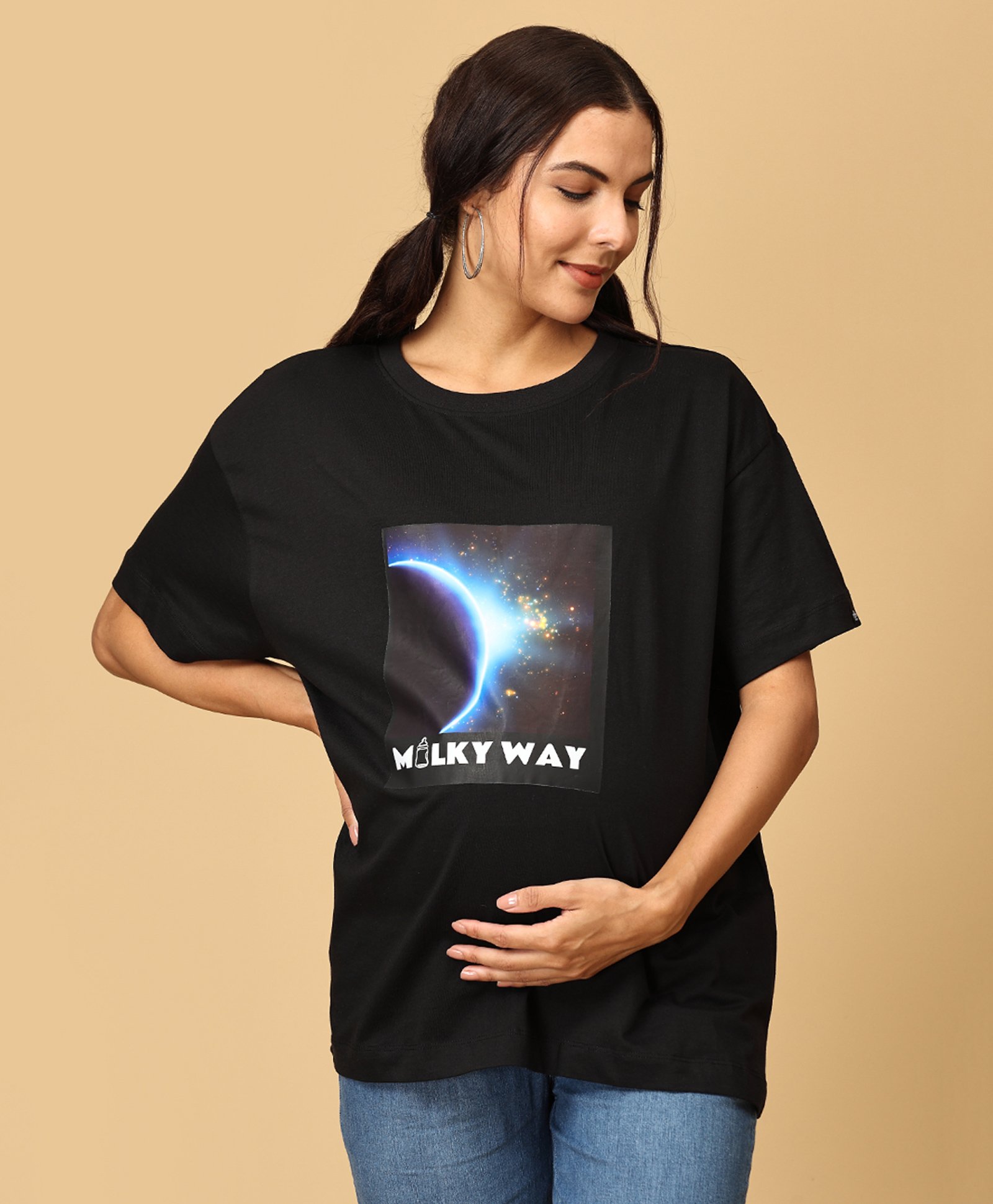 The Mom Store Half Sleeves Milky Way Text Printed Oversized Maternity Tee - Black-image-4
