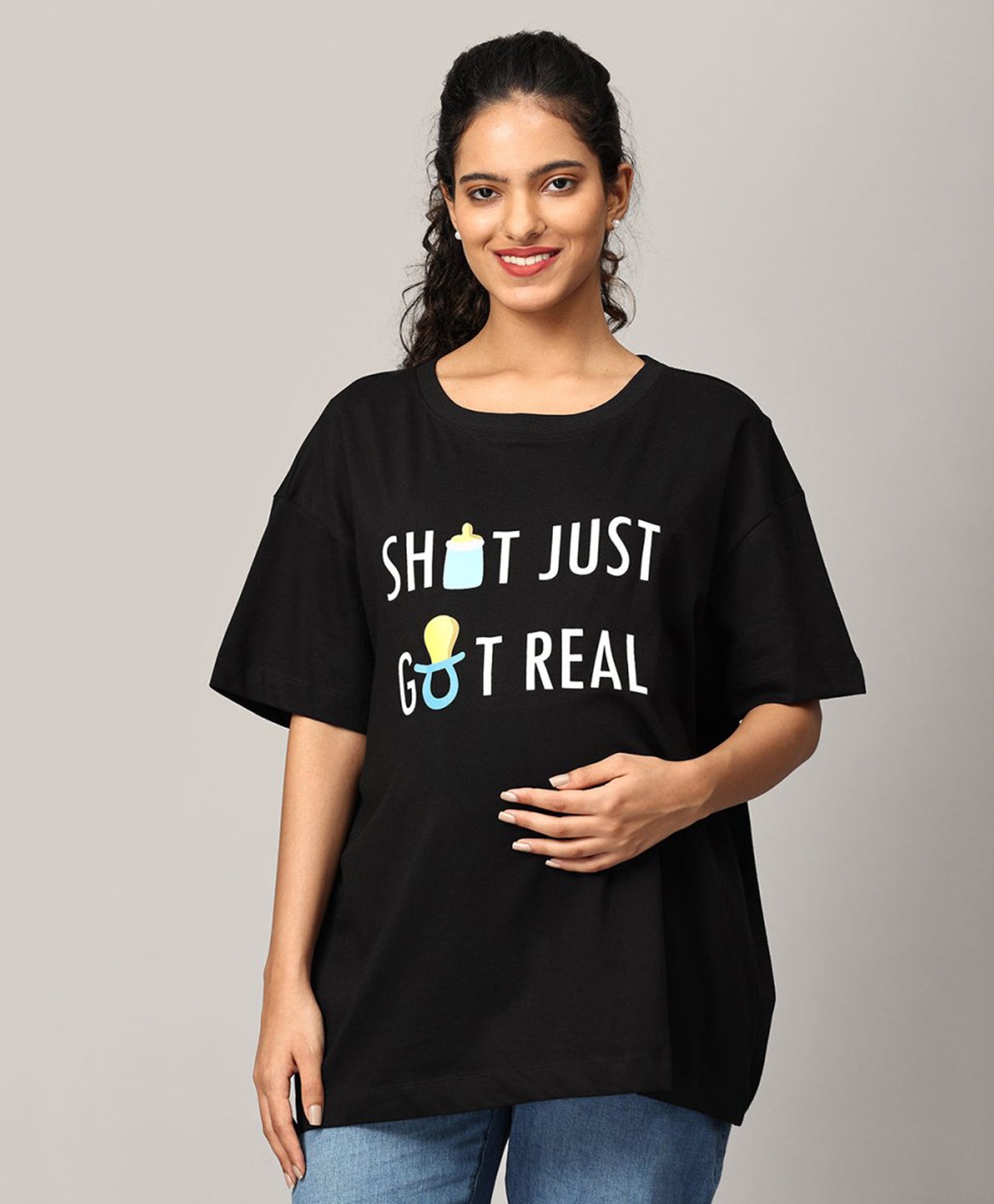 The Mom Store Half Sleeves Shit Just Got Real Text Printed Oversized Maternity Tee - Black-image-33