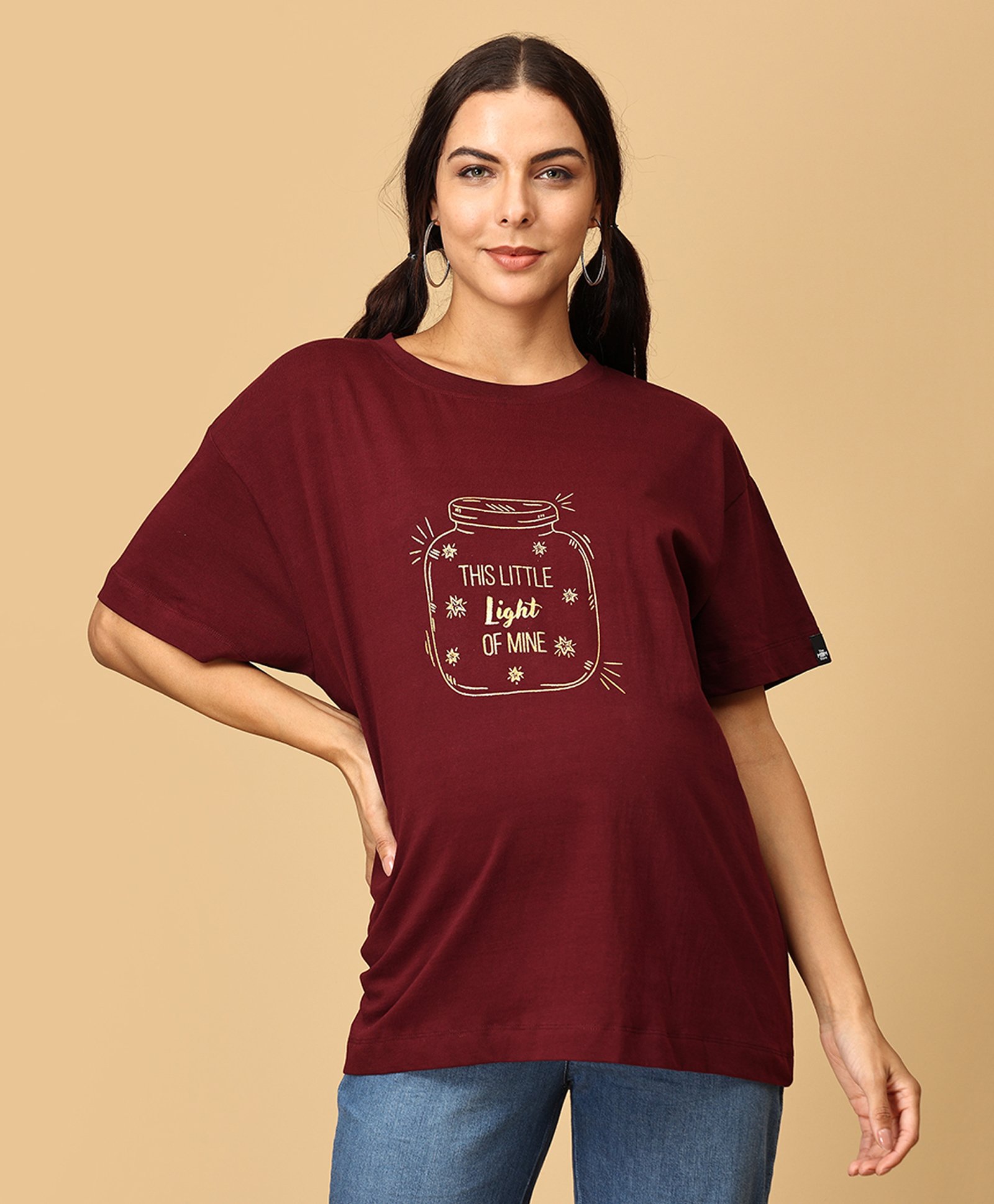 The Mom Store Half Sleeves Little Light Of Love Text Printed Oversized Maternity Tee - Maroon