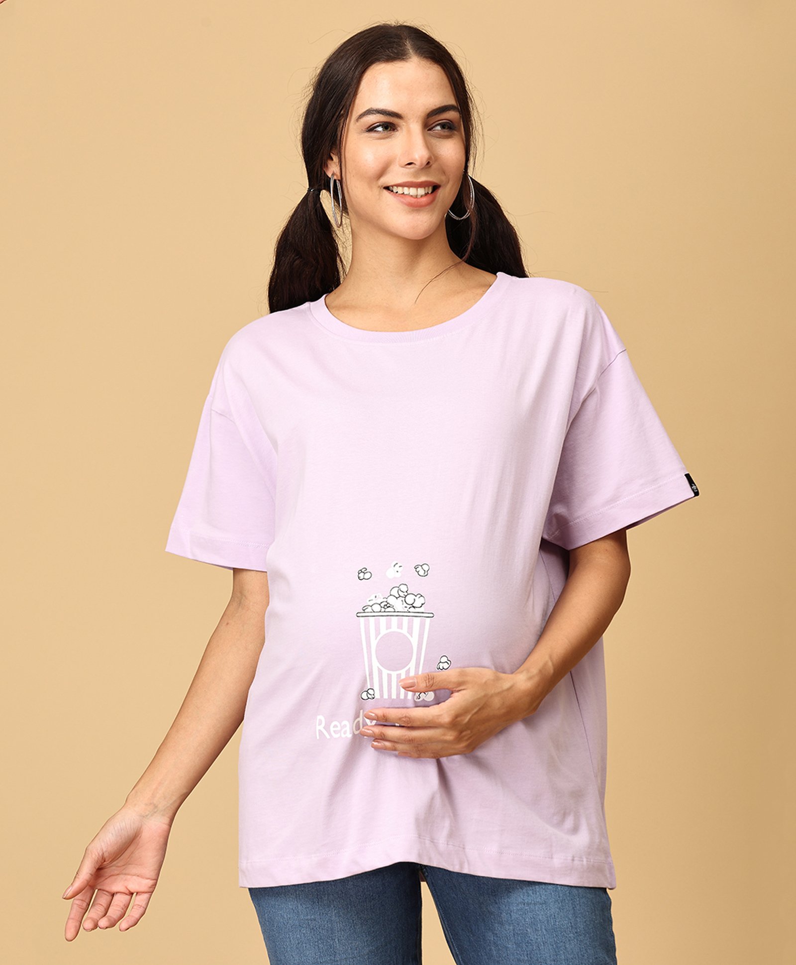 The Mom Store Half Sleeves Popcorn Printed Oversized Maternity Tee - Lavender-image-29
