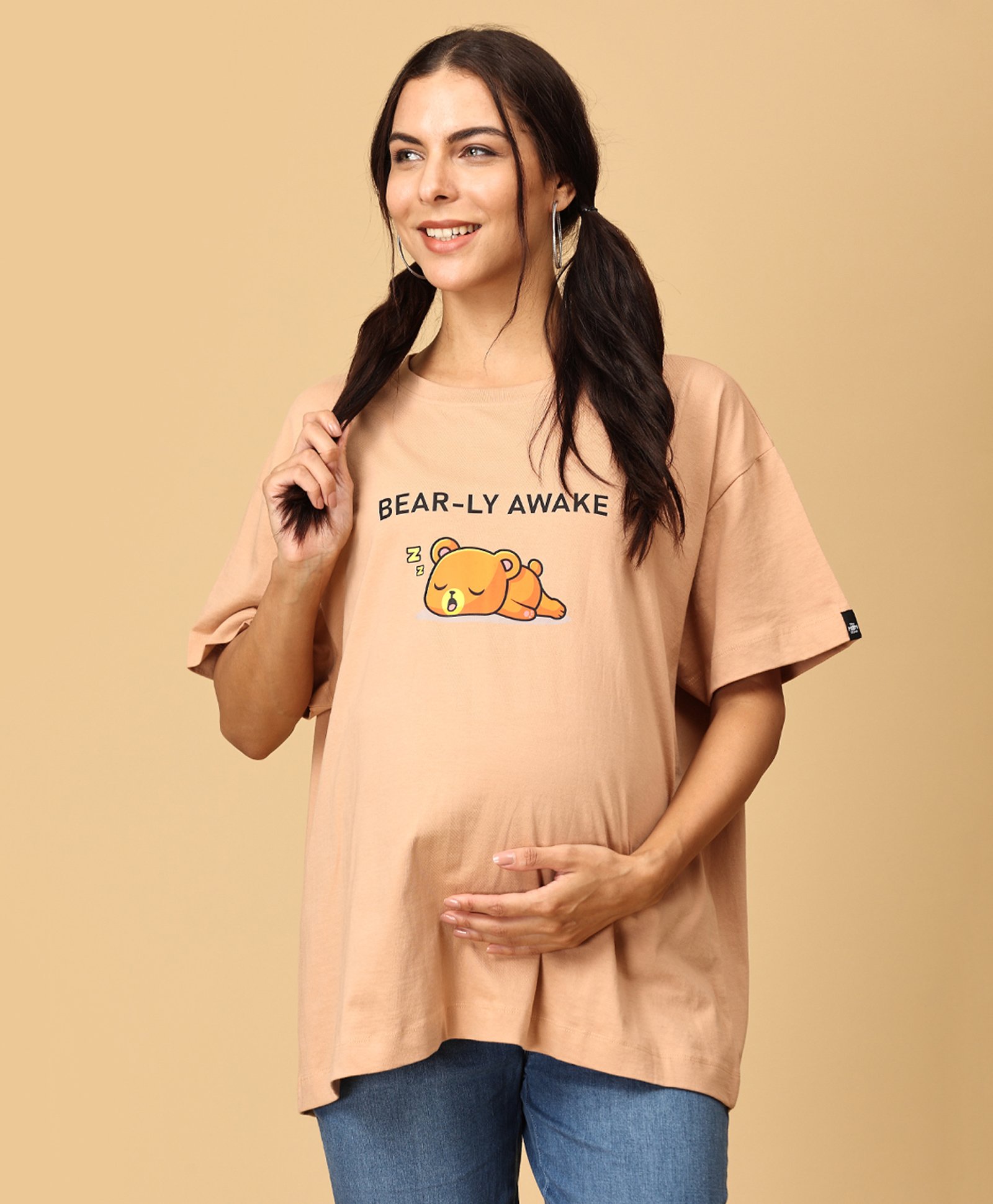 The Mom Store Half Sleeves Bearly Awake Text Printed Oversized Maternity Tee - Sand-image-34