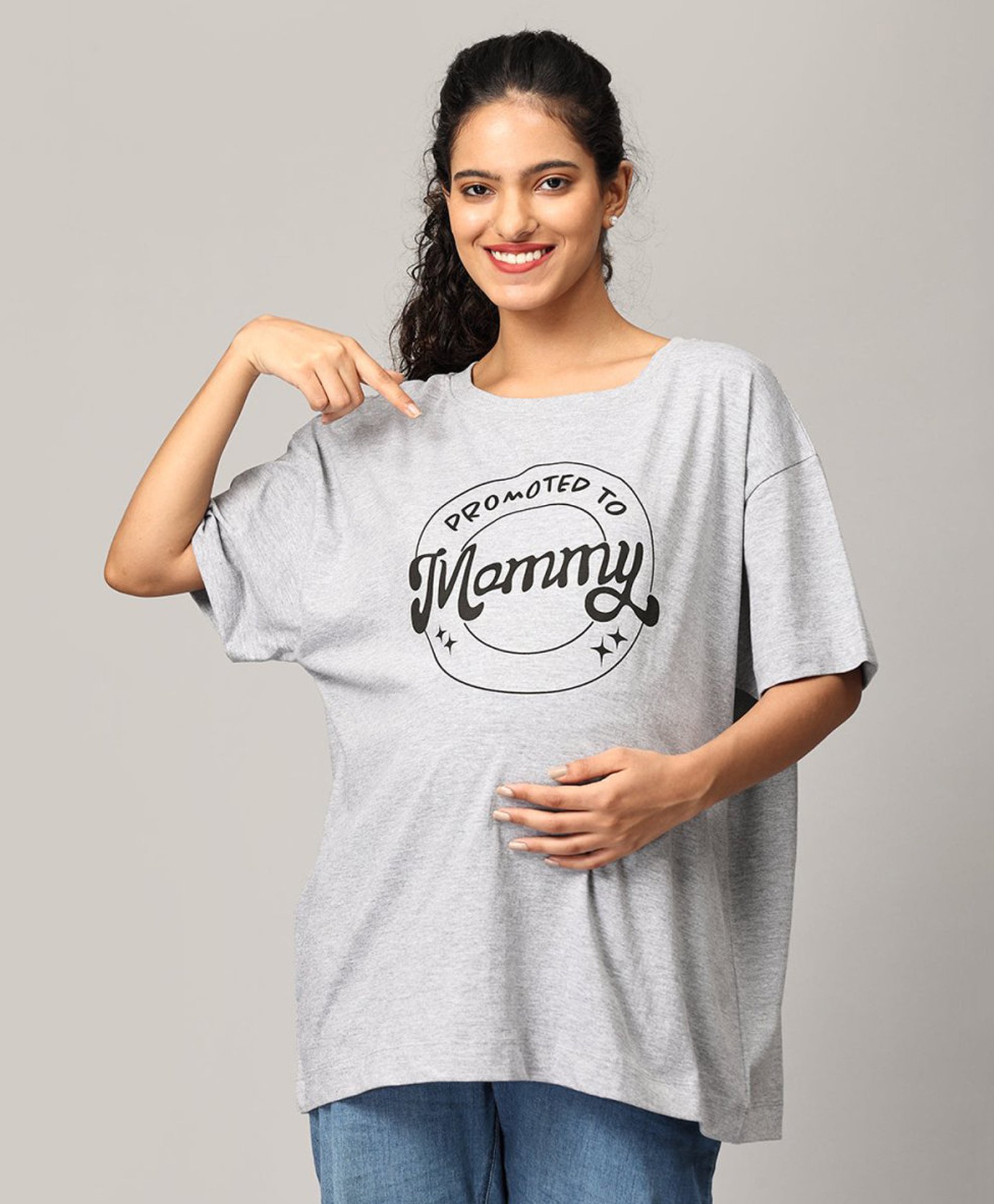 The Mom Store Half Sleeves Promoted To Mummy Text Printed Oversized Maternity Tee - Grey-image-49