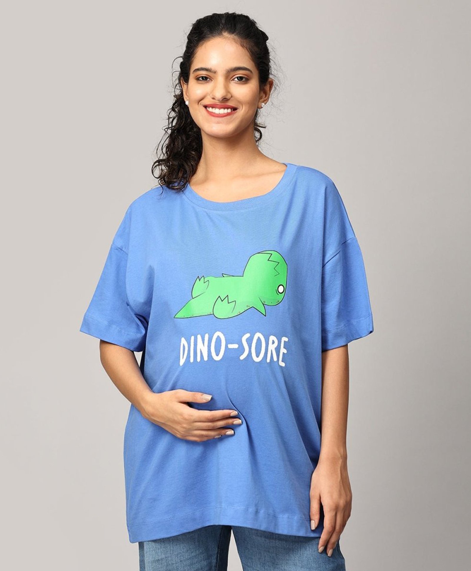 The Mom Store Half Sleeves Dinosaur Printed Oversized Maternity Tee - Blue-image-28