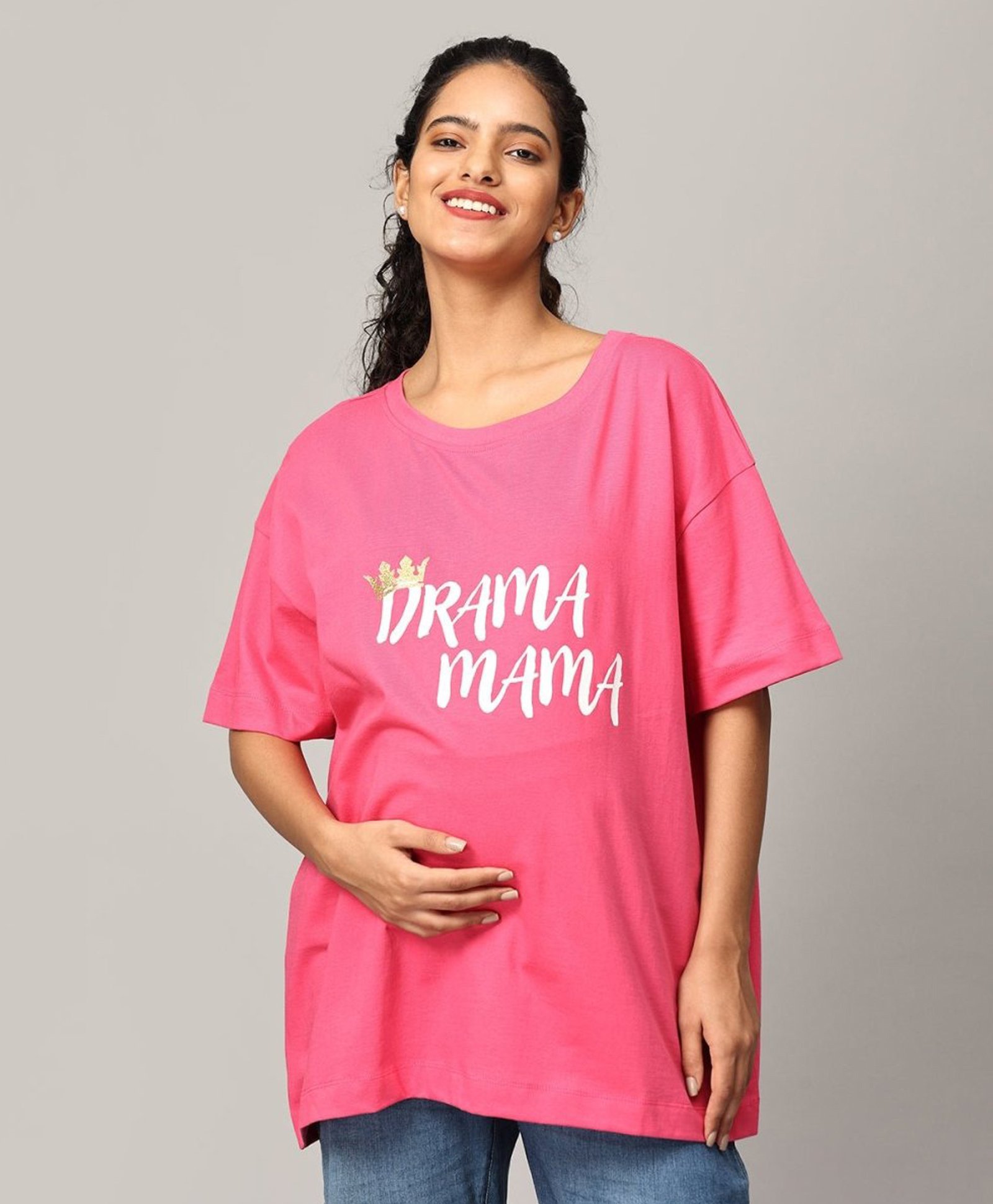The Mom Store Half Sleeves Drama Mama Text Printed Oversized Maternity Tee - Fuschia-picture-17