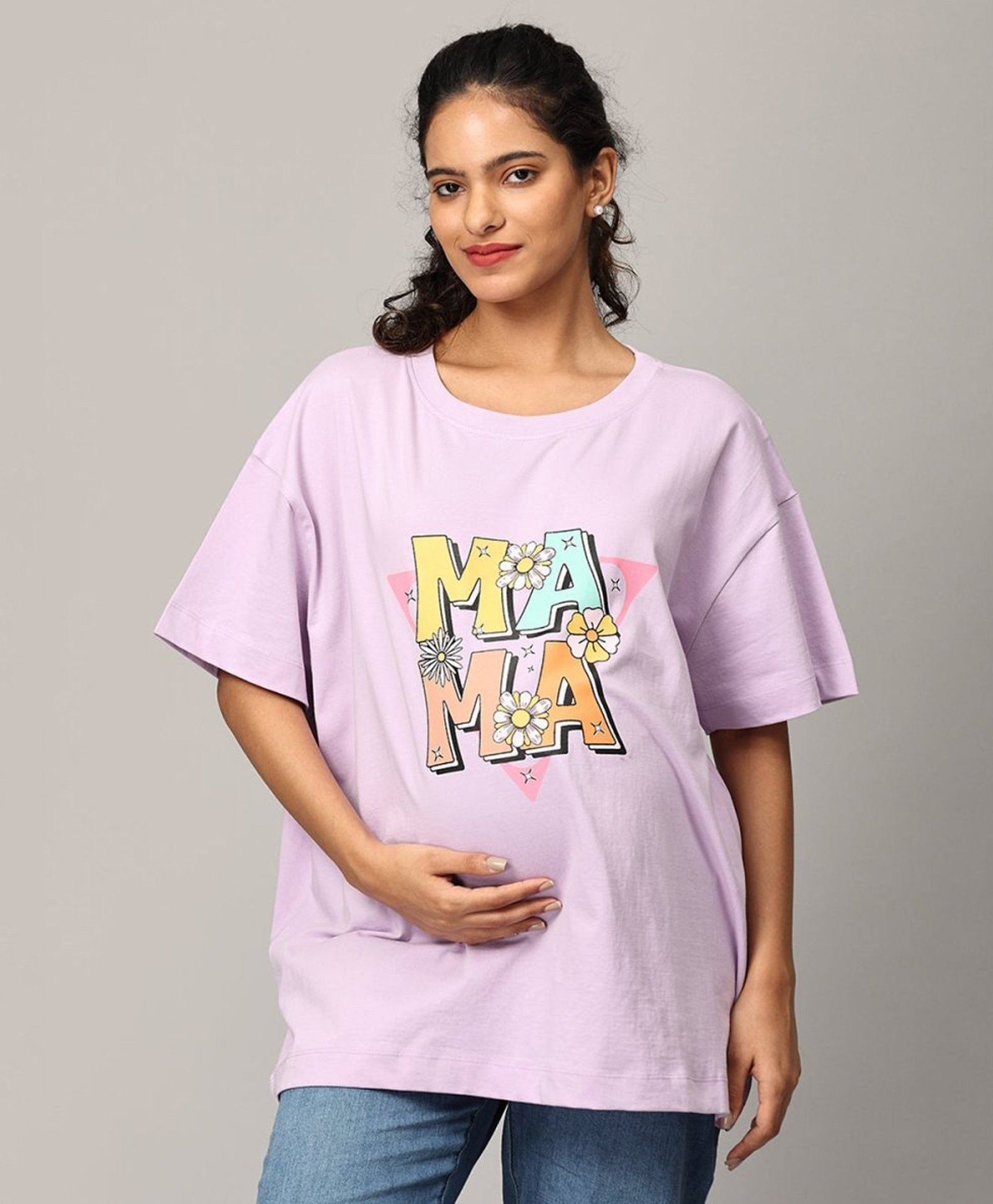 The Mom Store Half Sleeves Mama Text Printed Oversized Maternity Tee - Lavender-image-47