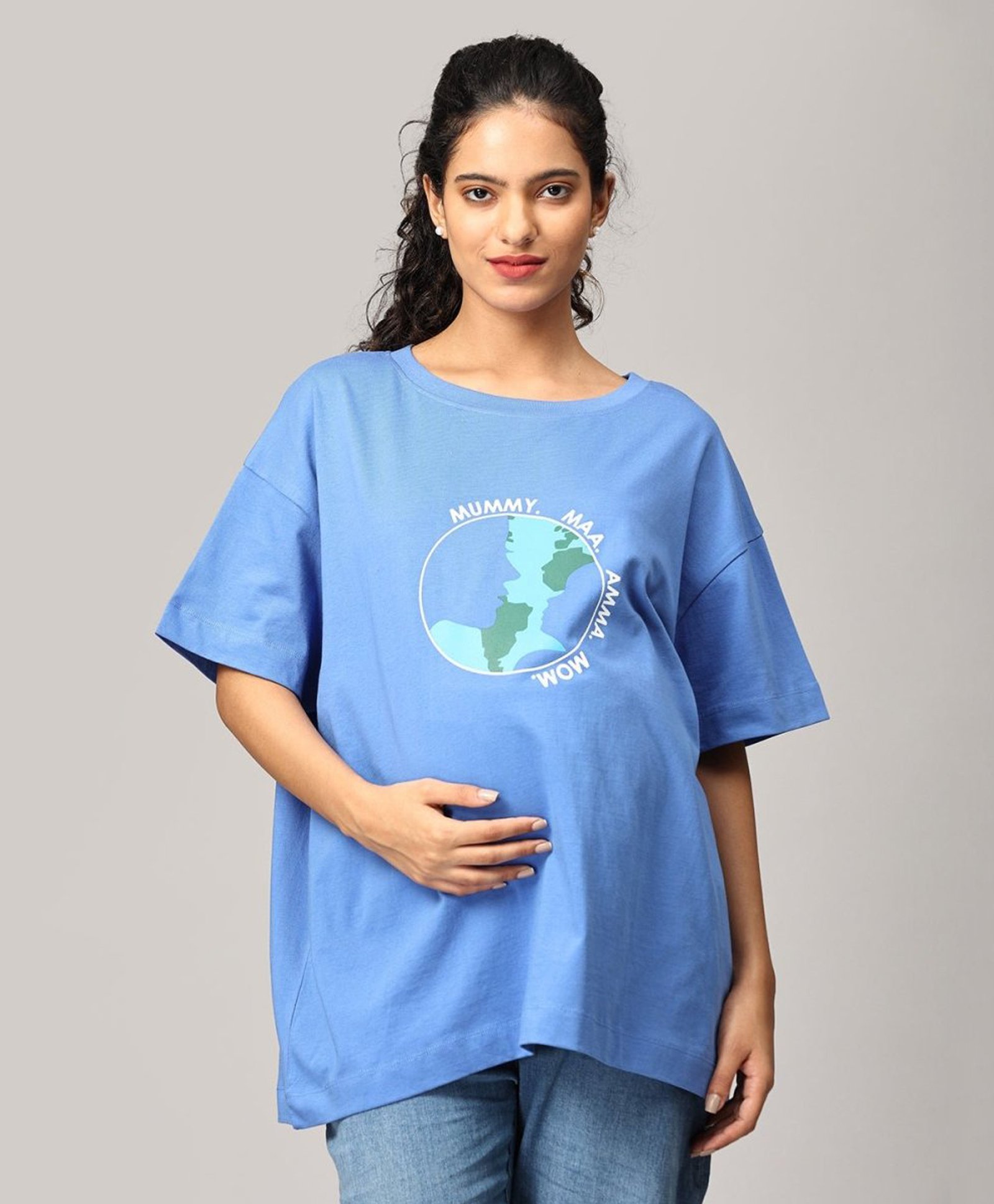 The Mom Store Half Sleeves Mom My World Text Printed Oversized Maternity Tee - Blue-image-37