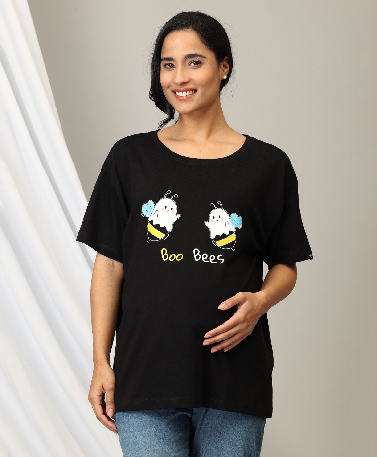 The Mom Store Half Sleeves Bees Printed Oversized Maternity Tee - Black-image-31