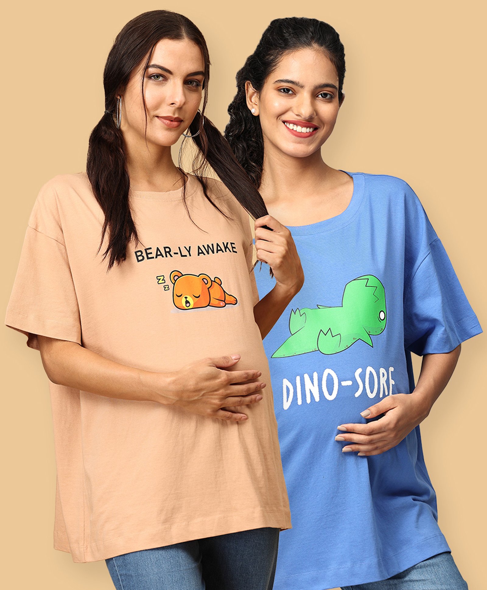 The Mom Store Pack Of 2 Half Sleeves Teddy Bear & Dinosaur Printed Oversized Maternity Tees - Sand & Blue