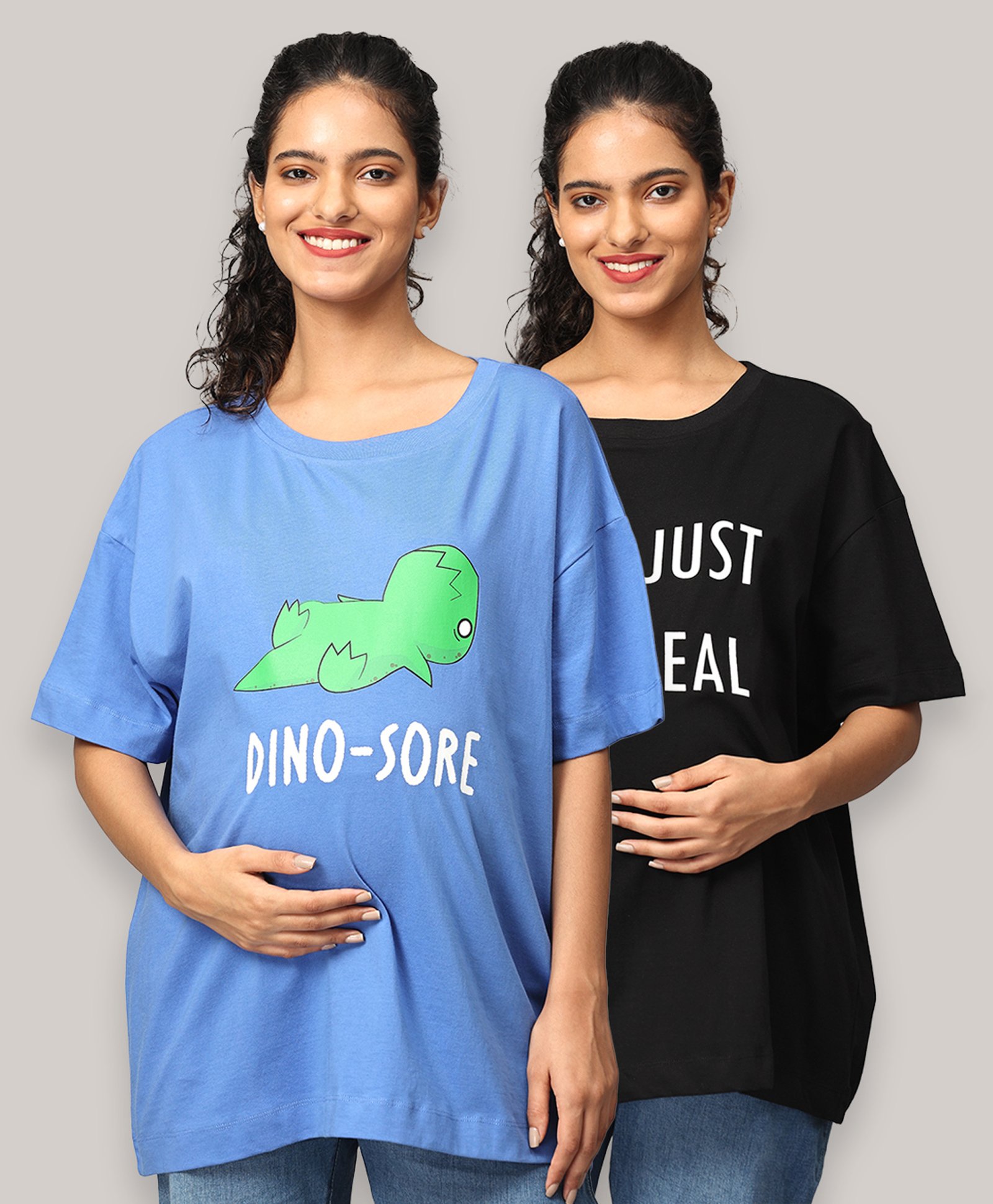 The Mom Store Pack Of 2 Half Sleeves Dinosaur & Shit Just Got Real Text Printed Oversized Maternity Tees - Blue & Black
