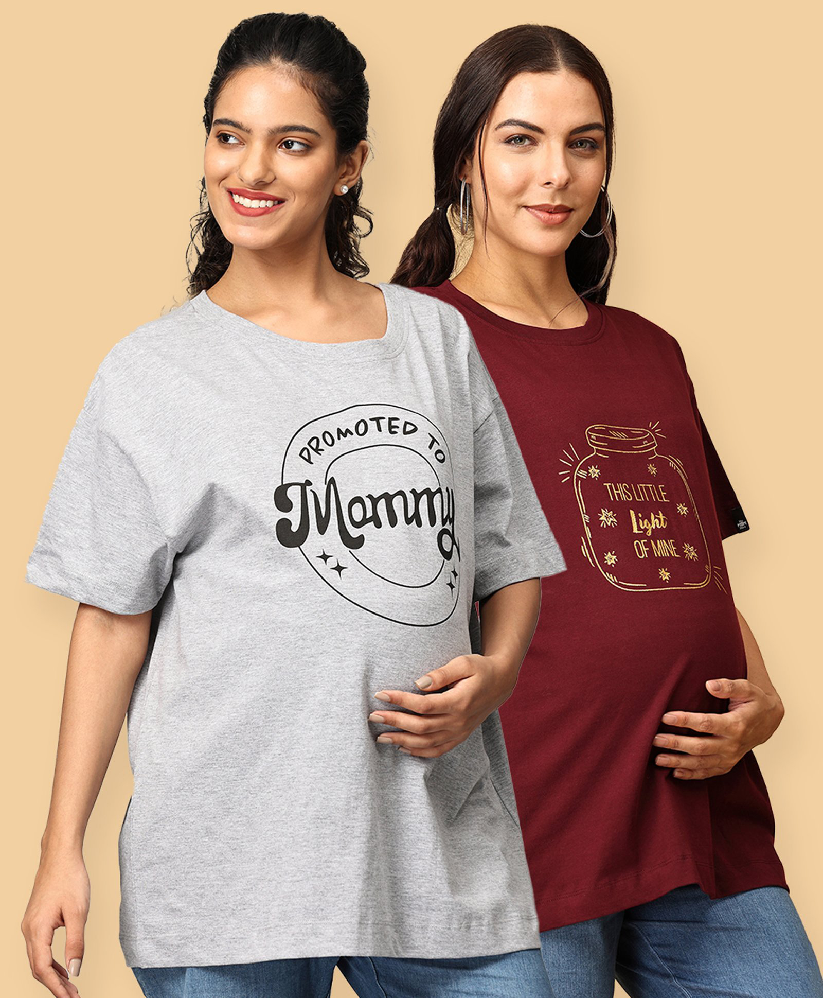 The Mom Store Pack Of 2 Half Sleeves Typography Printed Oversized Maternity Tees - Maroon & Grey-picture-41