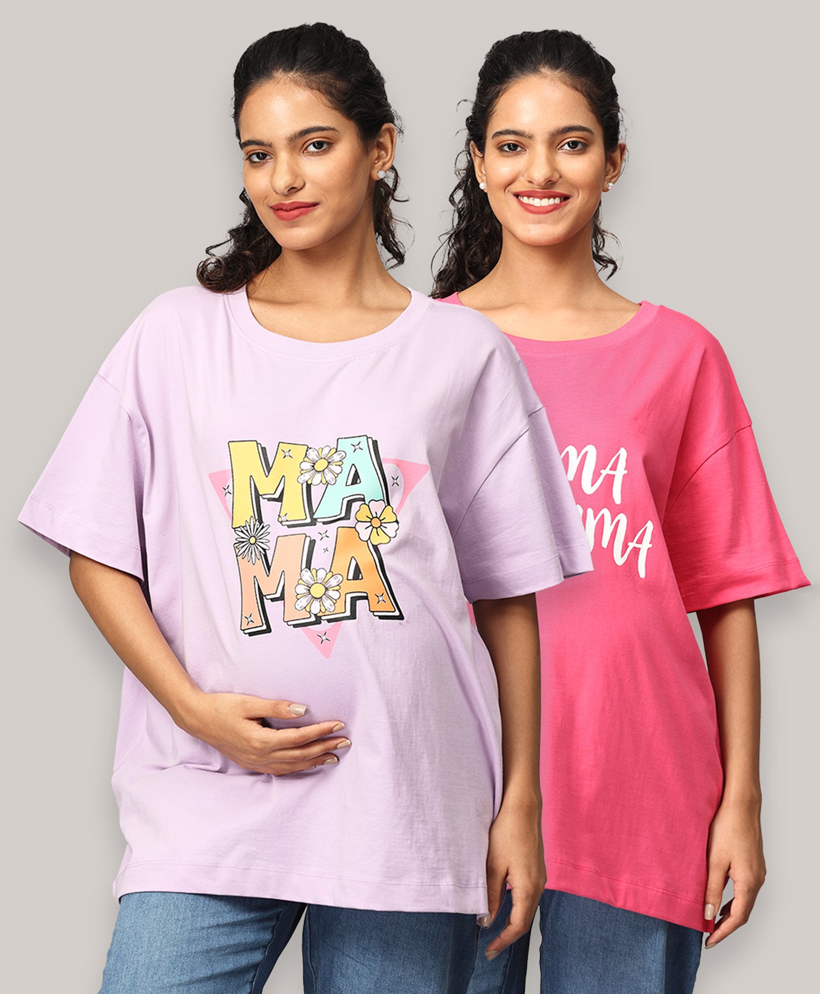 The Mom Store Pack Of 2 Half Sleeves Typography Printed Oversized Maternity Tees - Lavender & Fuchsia-picture-35
