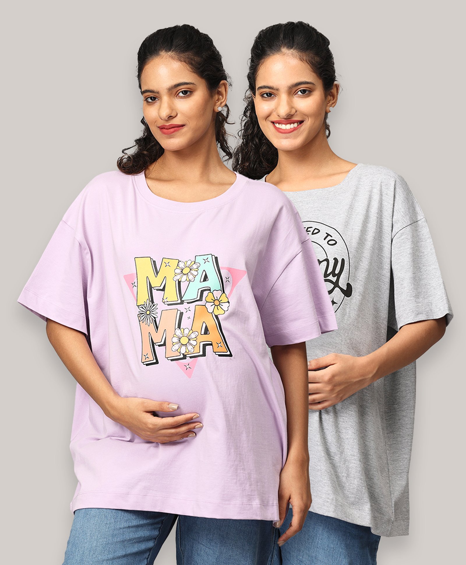 The Mom Store Pack Of 2 Half Sleeves Typography Printed Oversized Maternity Tees - Lavender & Grey-picture-37