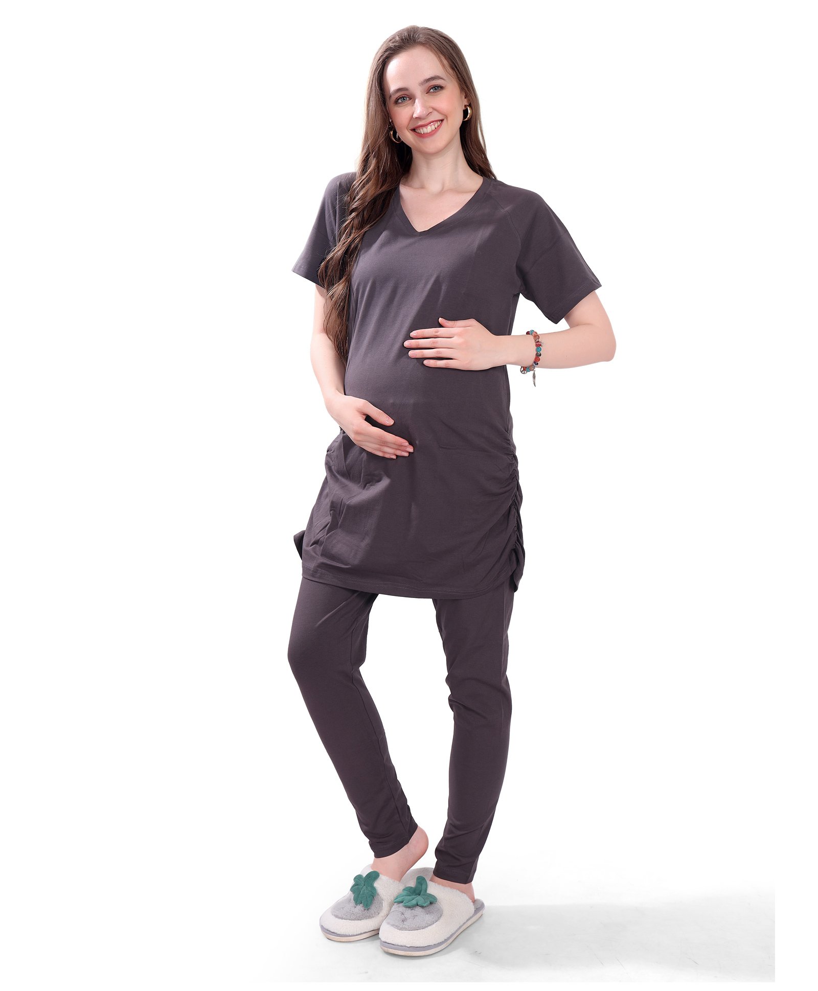 TUMMY Viscose Half Sleeves Solid Tee & High Waist Leggings Set - Grey-picture-26