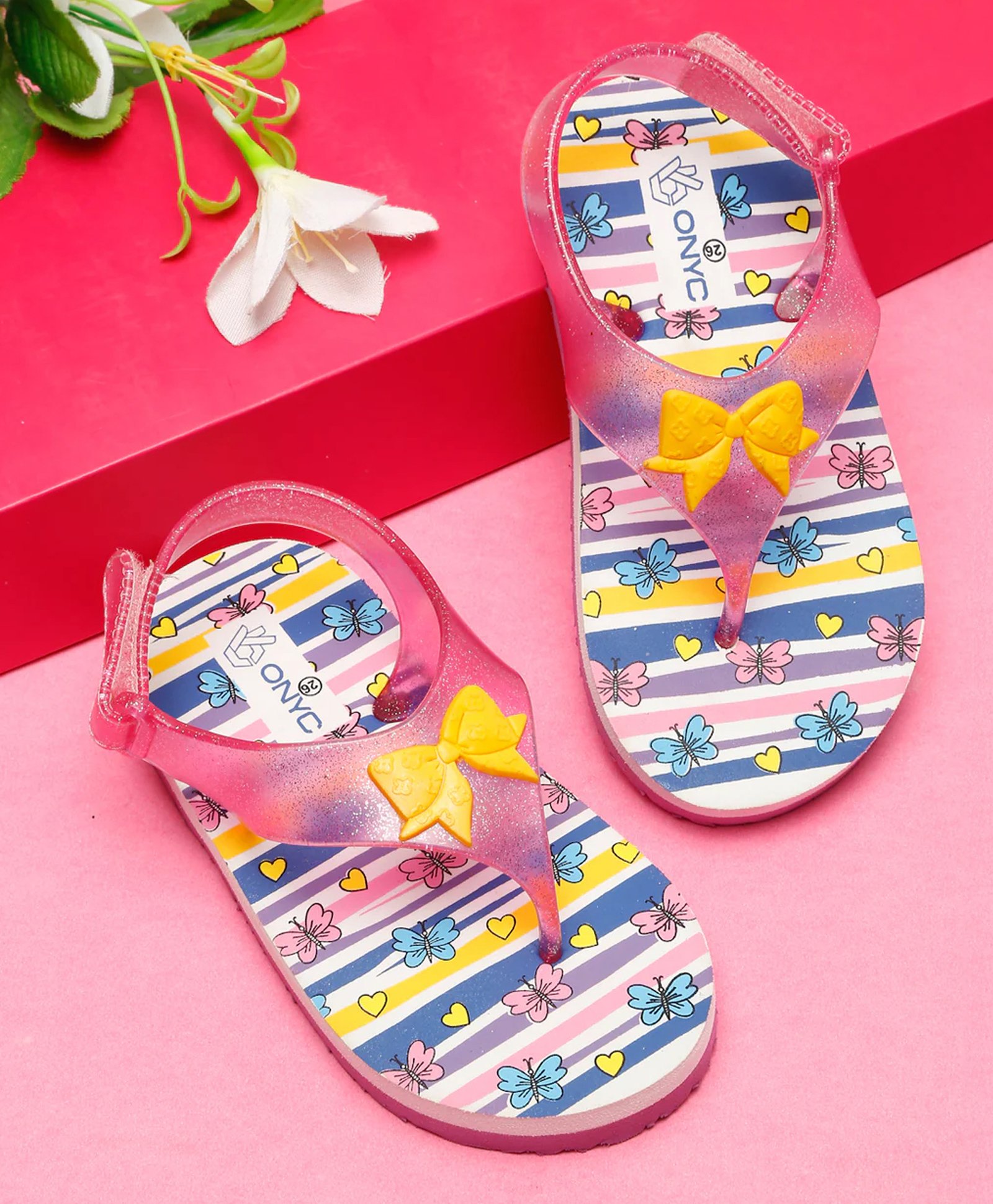 ONYC Butterflies & Bow Designed Velcro Closure Flip Flops - Pink-image-28