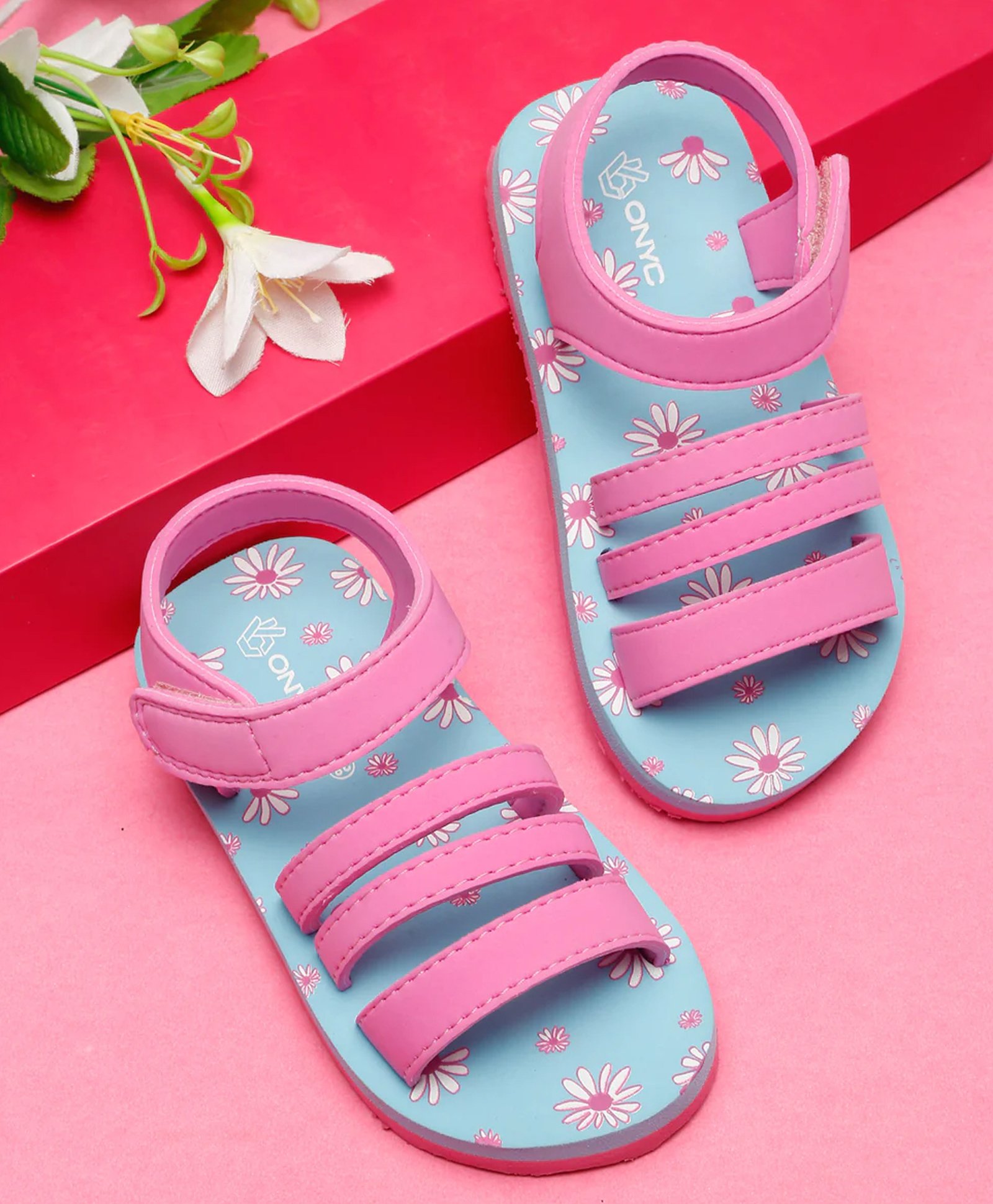 ONYC Floral Designed Velcro Closure Sandals - Sky Blue & Pink-image-27
