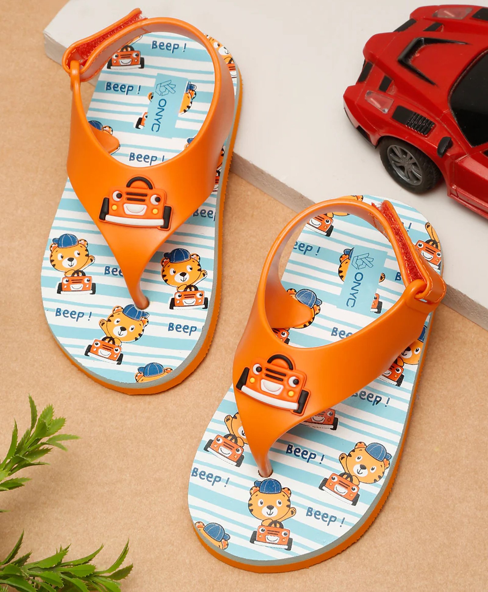 ONYC Jeep Designed & Striped Flip Flops With Velcro Closure - Orange-image-9