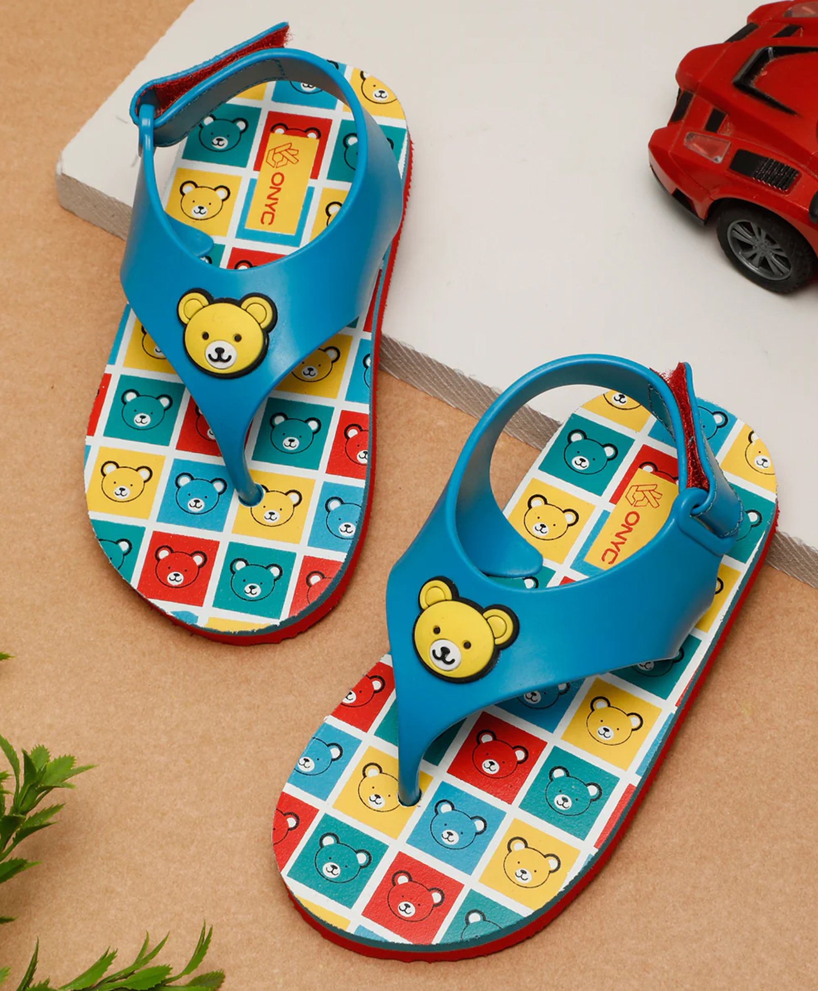 ONYC Bear Designed & Checked Flip Flops With Velcro Closure - Sky Blue-image-10