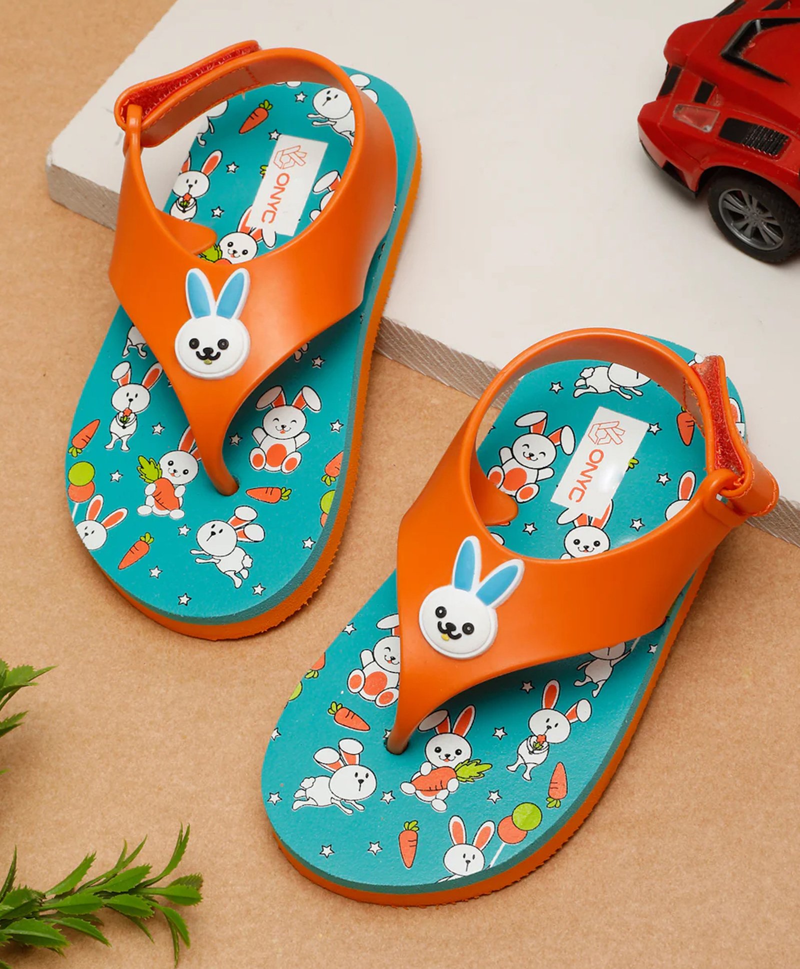 ONYC Bunny Designed & Embellished Flip Flops With Velcro Closure - Orange
