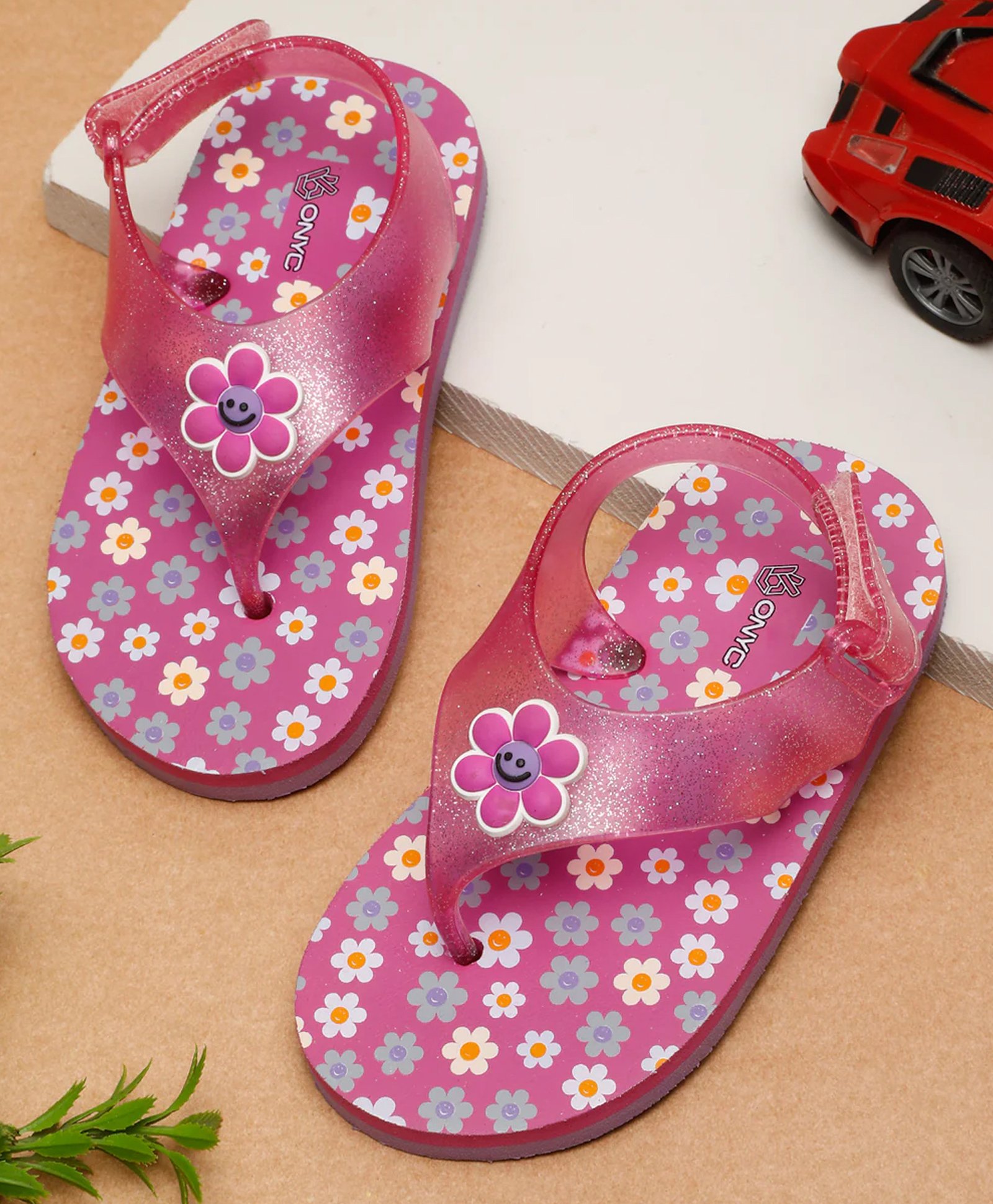 ONYC Floral Designed & Glittered Flip Flops With Velcro Closure - Purple-image-30