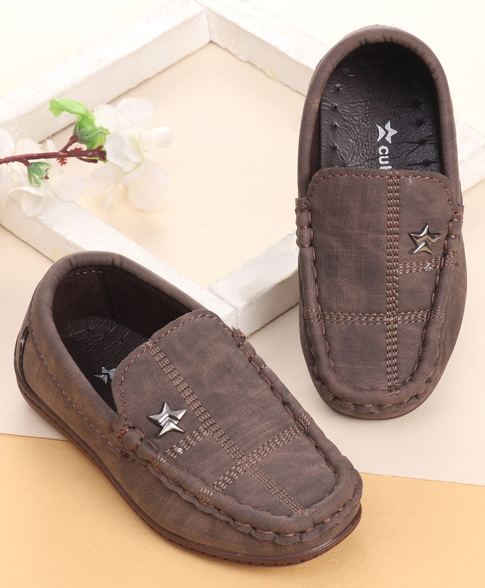Cute Walk by Babyhug Solid Slip On Loafers with Star Applique - Brown