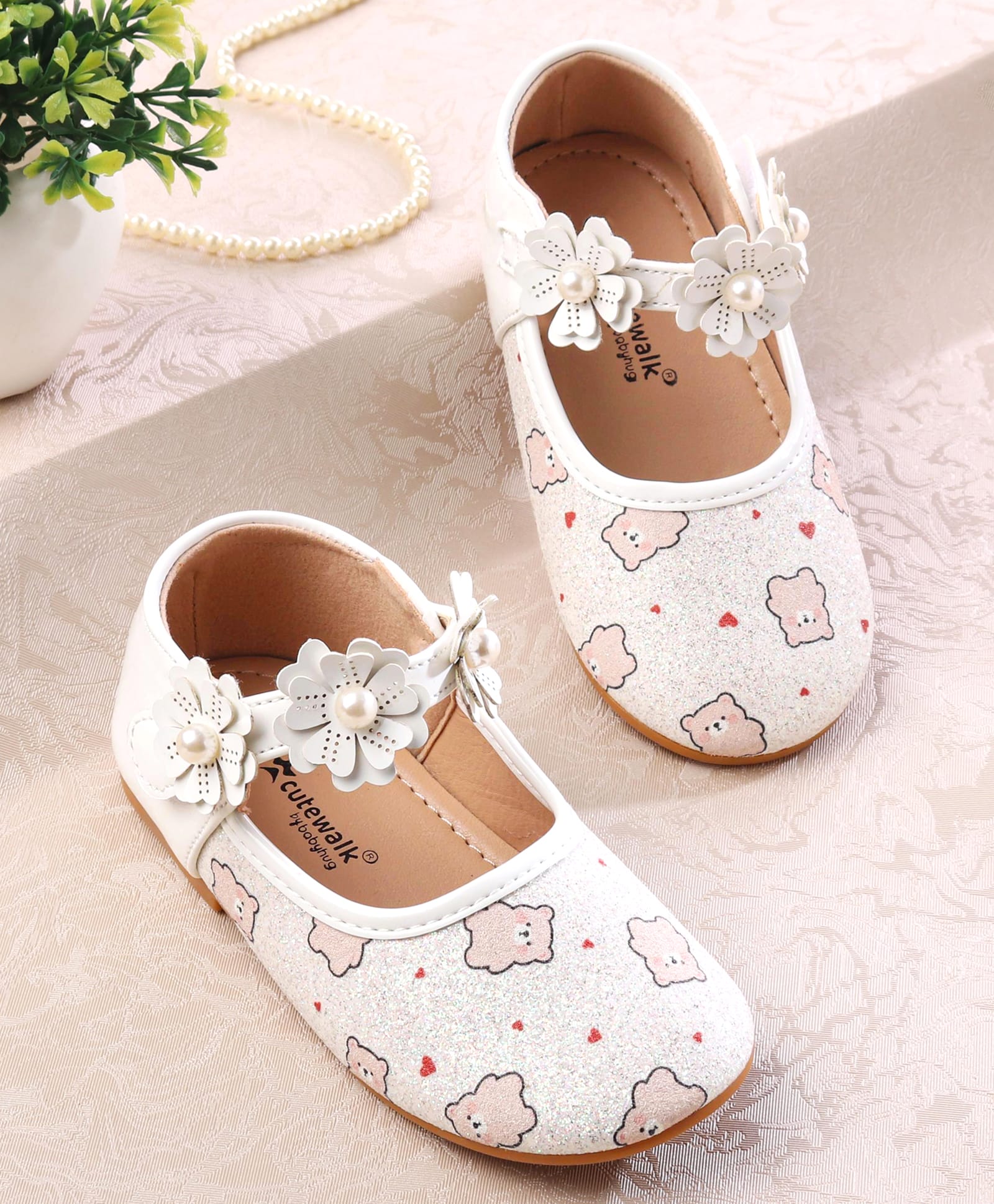 Cute Walk by Babyhug Velcro Closer Ballerina with Floral Applique & Bear Print - White-image-10