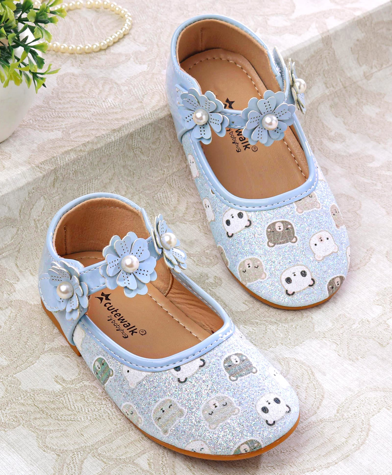 Cute Walk by Babyhug Velcro Closer Ballerina with Floral Applique & Bear Print - Blue-image-27