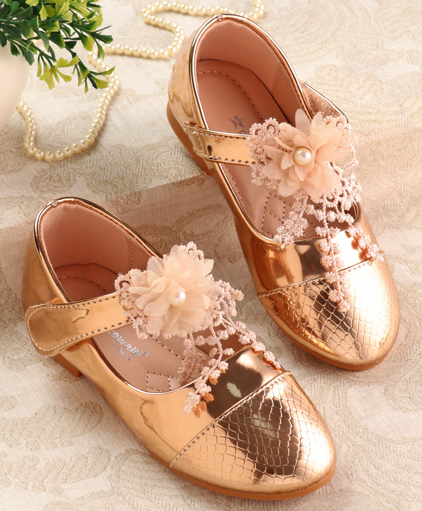 Cute Walk by Babyhug Metallic Ballerina with Velcro Closure & Floral Applique - Rose Gold-image-1