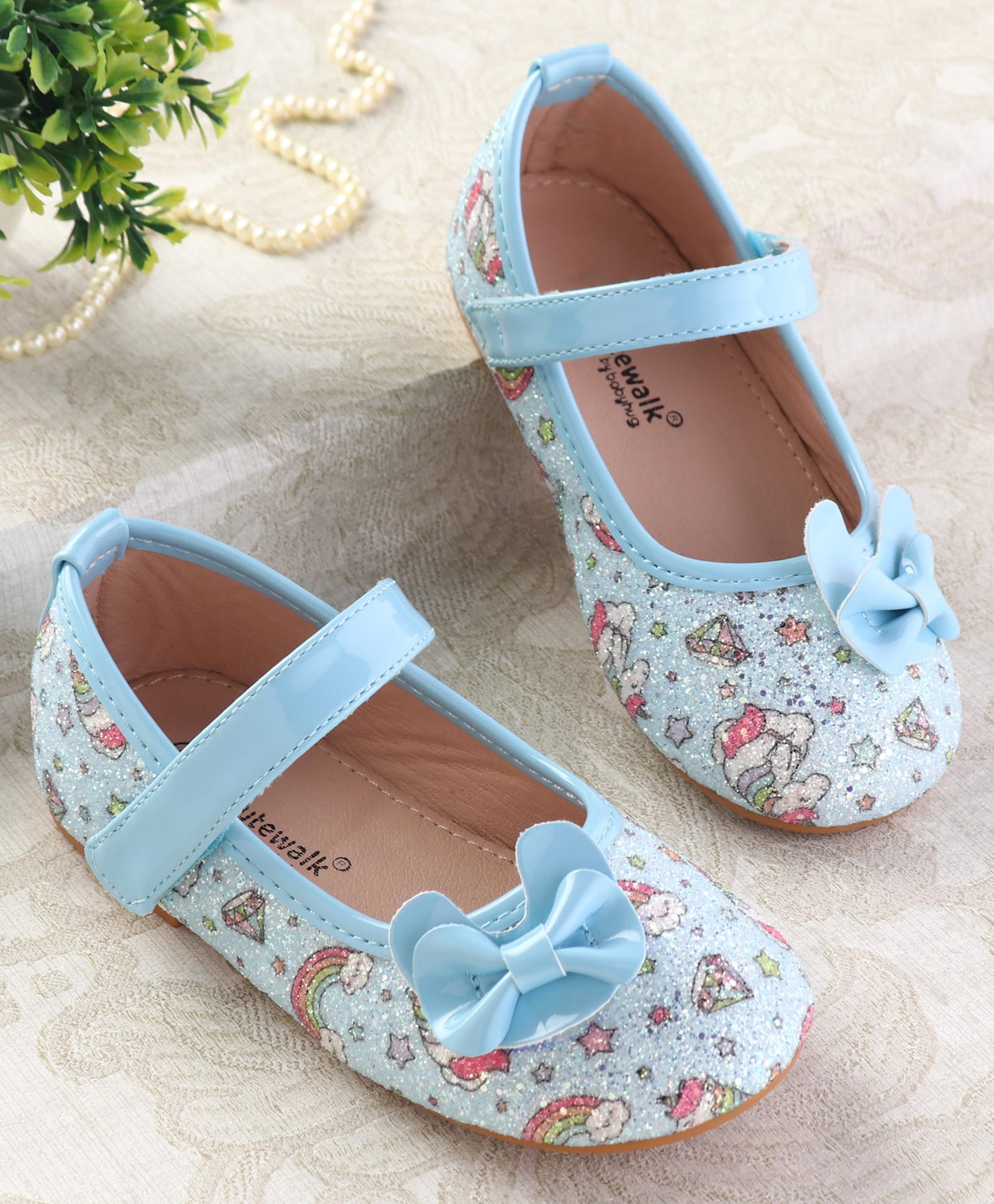 Cute Walk by Babyhug Velcro Closure Ballerinas with Glitter Unicorn Print & Bow Applique - Blue-image-33